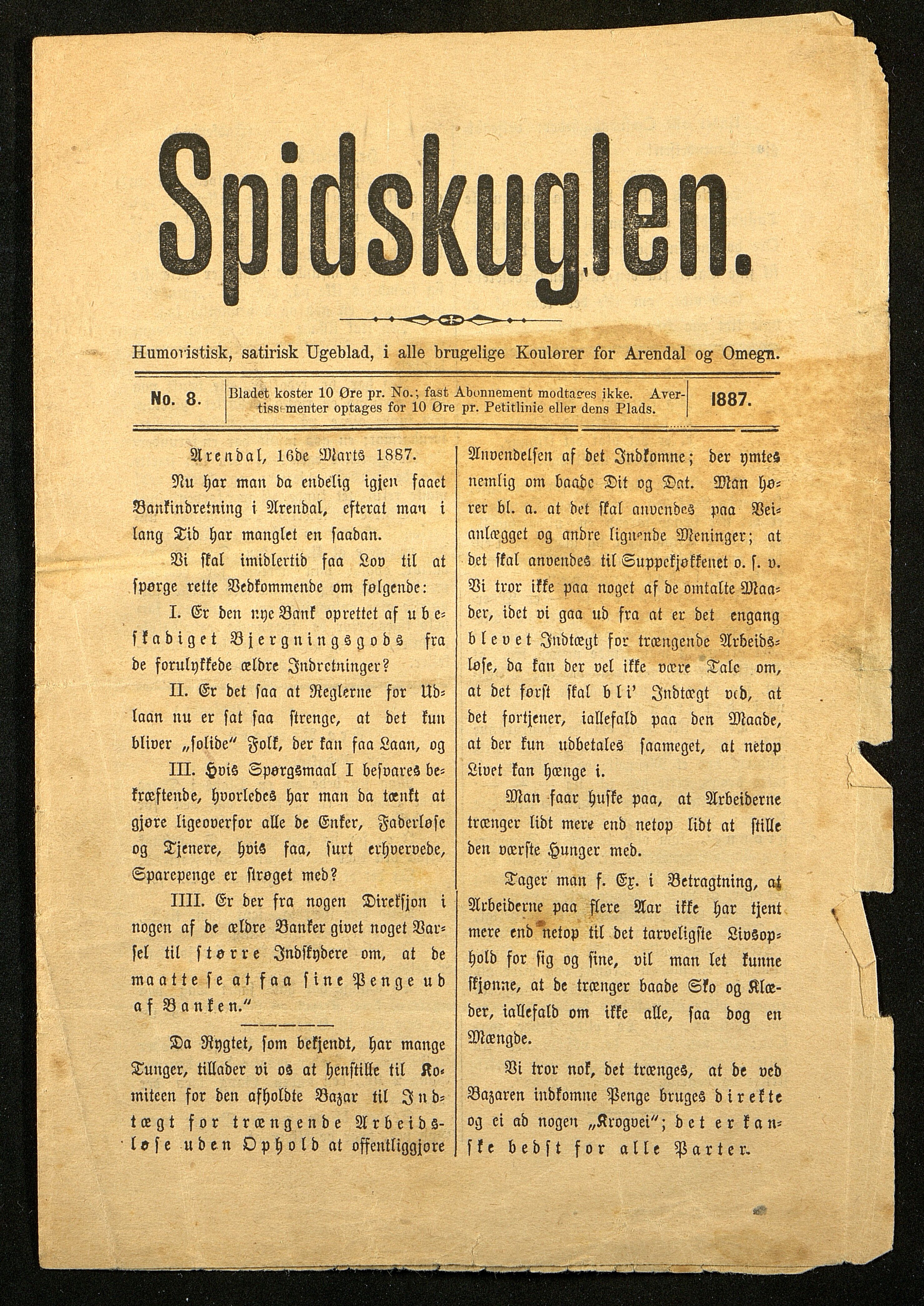 Spidskuglen, AAMA/PA-2823/X/L0001/0001: Spidskuglen / Årg. 1887, nr. 1–2, 4–23, 25–36, 1887