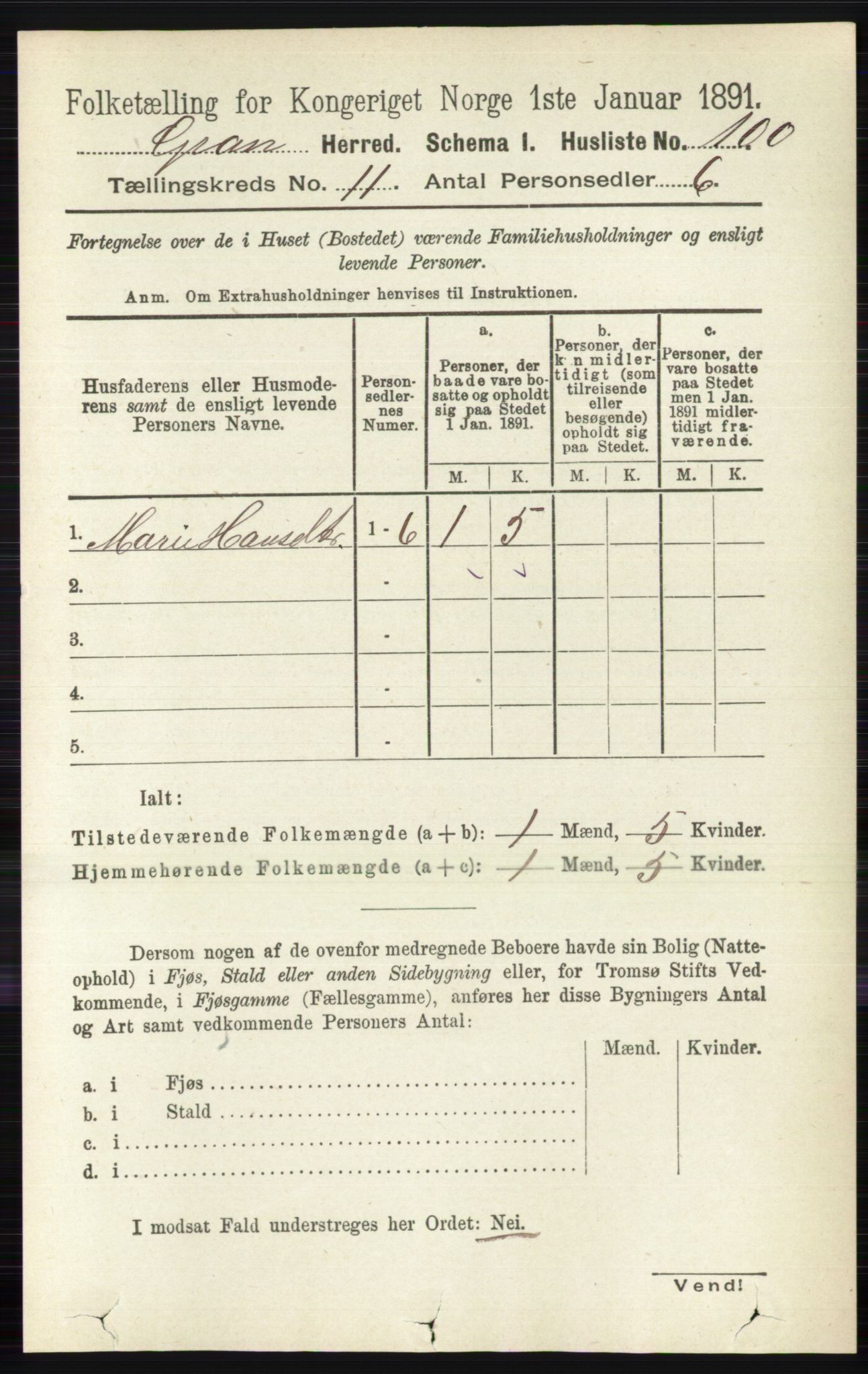 RA, Folketelling 1891 for 0534 Gran herred, 1891, s. 5458