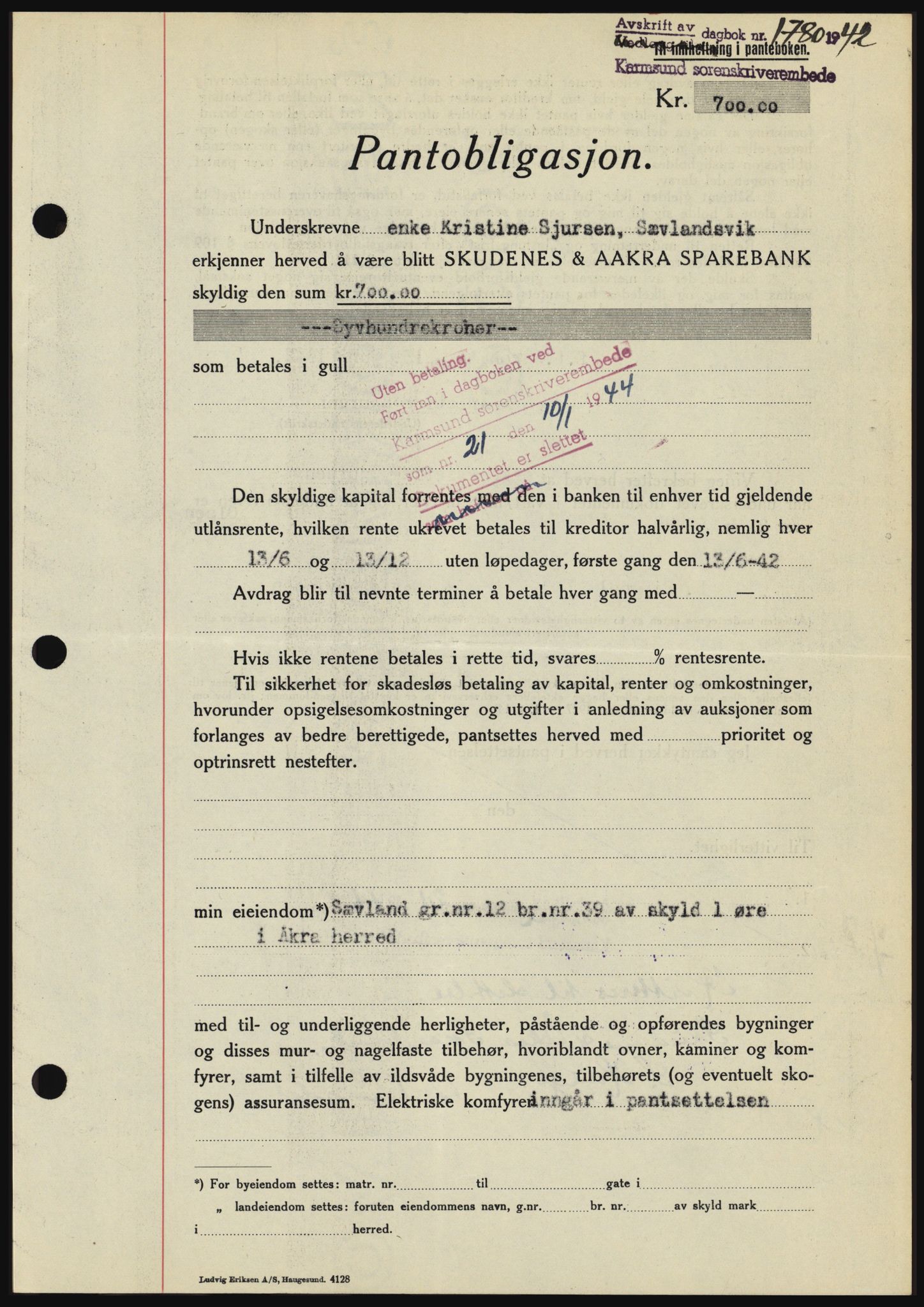Karmsund sorenskriveri, SAST/A-100311/01/II/IIBBE/L0008: Pantebok nr. B 54, 1942-1943, Dagboknr: 1780/1942