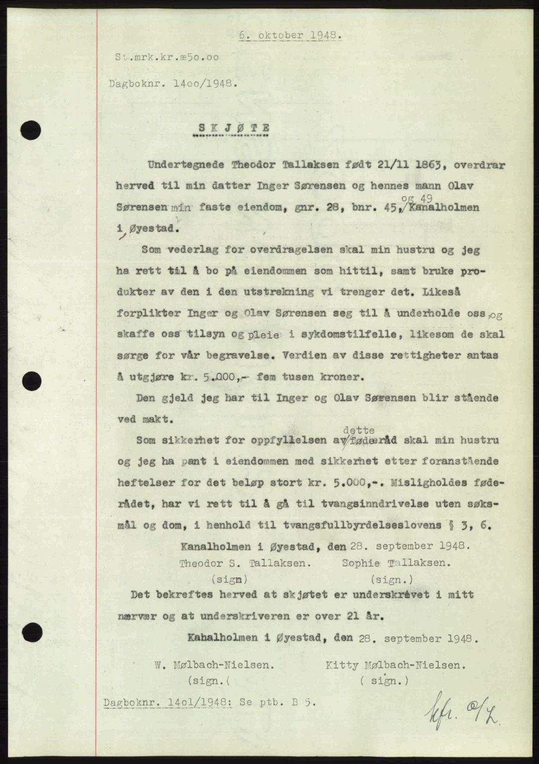 Nedenes sorenskriveri, SAK/1221-0006/G/Gb/Gba/L0059: Pantebok nr. A11, 1948-1948, Dagboknr: 1400/1948