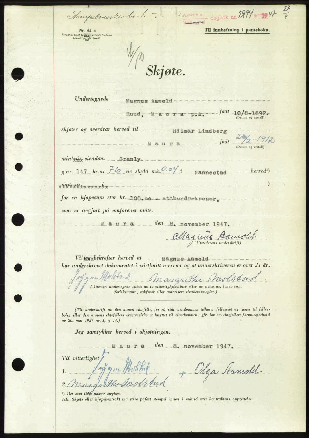 Eidsvoll tingrett, SAO/A-10371/G/Gb/Gbb/L0017: Pantebok nr. A45, 1947-1947, Dagboknr: 2994/1947