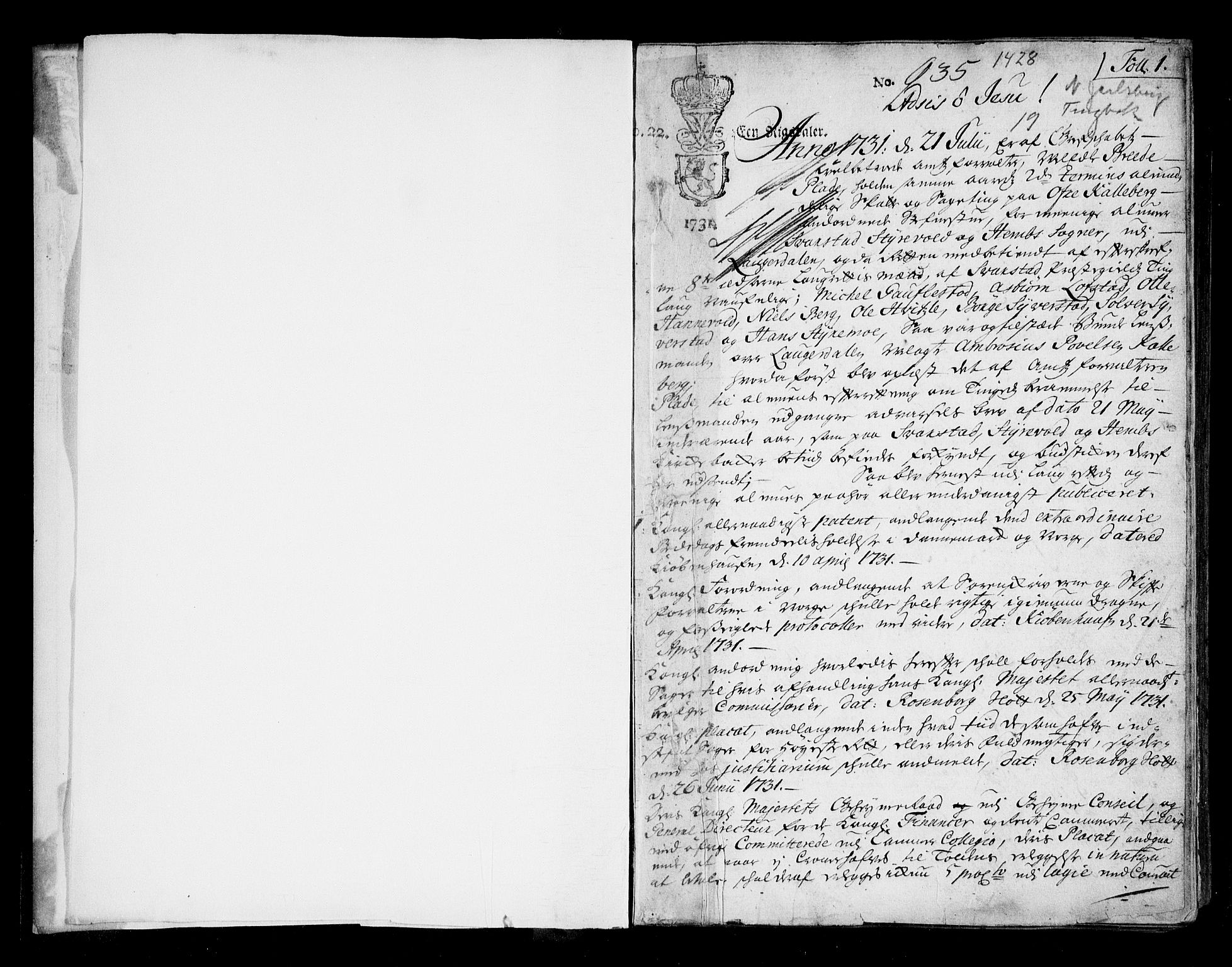 Nordre Jarlsberg sorenskriveri, SAKO/A-80/F/Fa/Faa/L0019: Tingbok, 1731-1733, s. 1