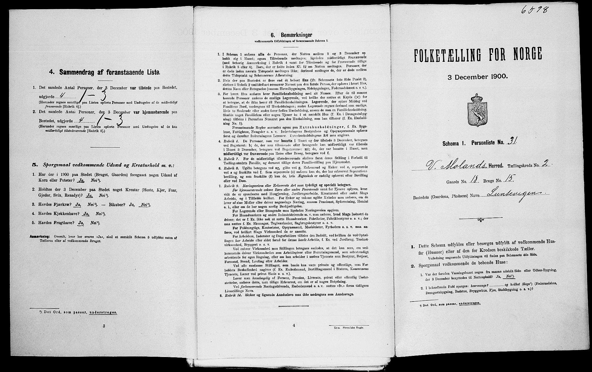 SAK, Folketelling 1900 for 0926 Vestre Moland herred, 1900, s. 296