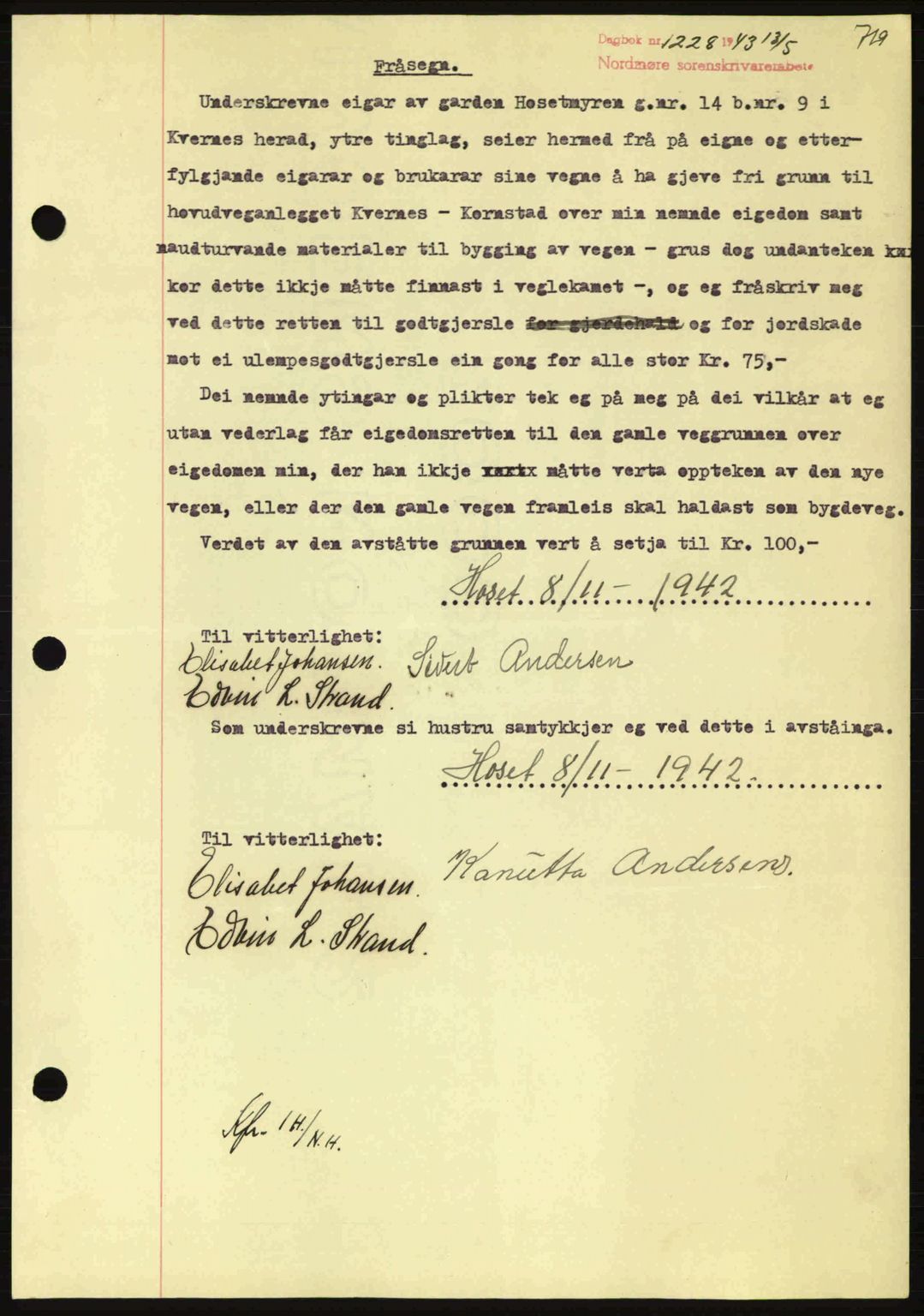Nordmøre sorenskriveri, SAT/A-4132/1/2/2Ca: Pantebok nr. B90, 1942-1943, Dagboknr: 1228/1943