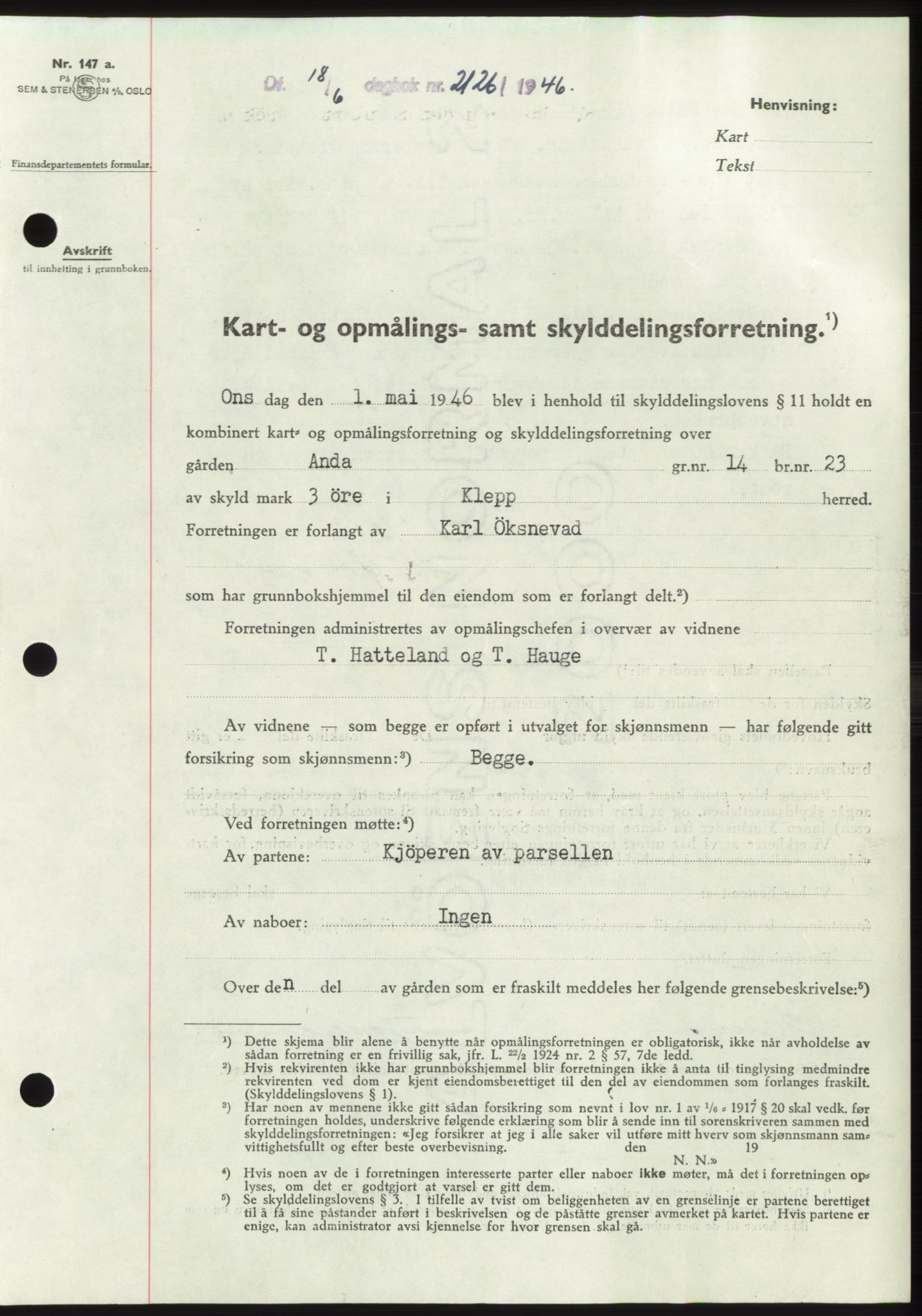 Jæren sorenskriveri, SAST/A-100310/03/G/Gba/L0090: Pantebok, 1946-1946, Dagboknr: 2126/1946