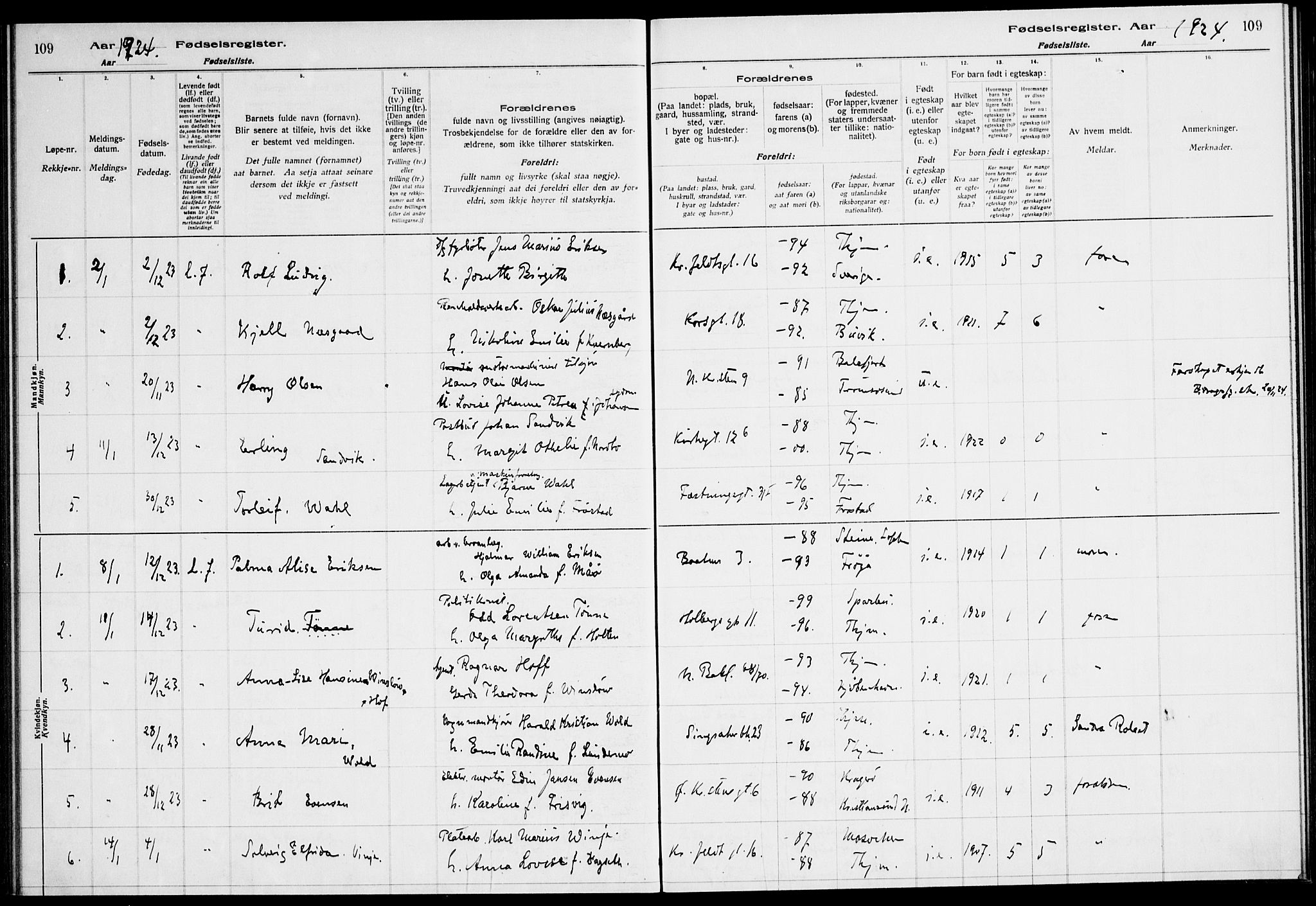 Ministerialprotokoller, klokkerbøker og fødselsregistre - Sør-Trøndelag, SAT/A-1456/604/L0233: Fødselsregister nr. 604.II.4.2, 1920-1928, s. 109