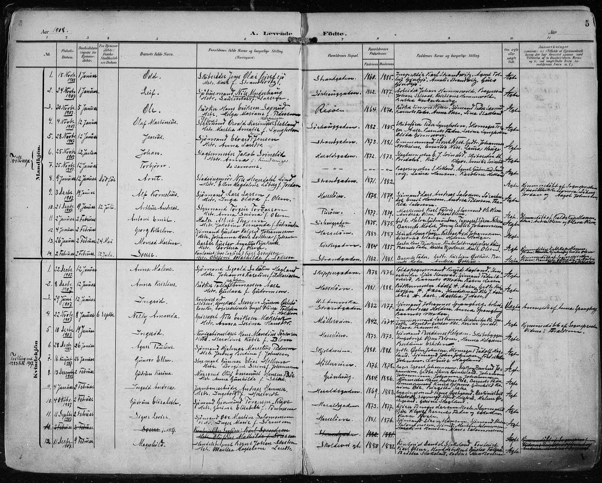 Haugesund sokneprestkontor, AV/SAST-A -101863/H/Ha/Haa/L0008: Ministerialbok nr. A 8, 1908-1921, s. 5