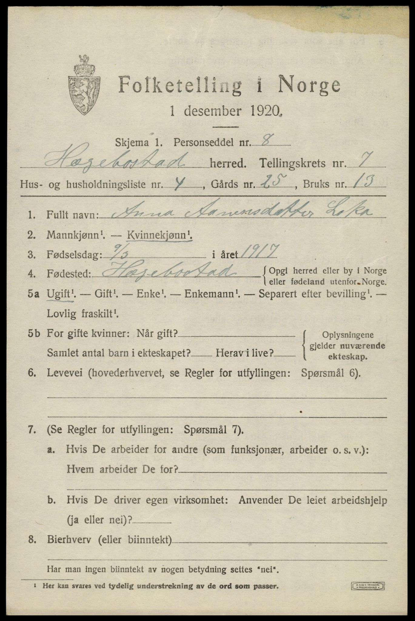 SAK, Folketelling 1920 for 1034 Hægebostad herred, 1920, s. 2143