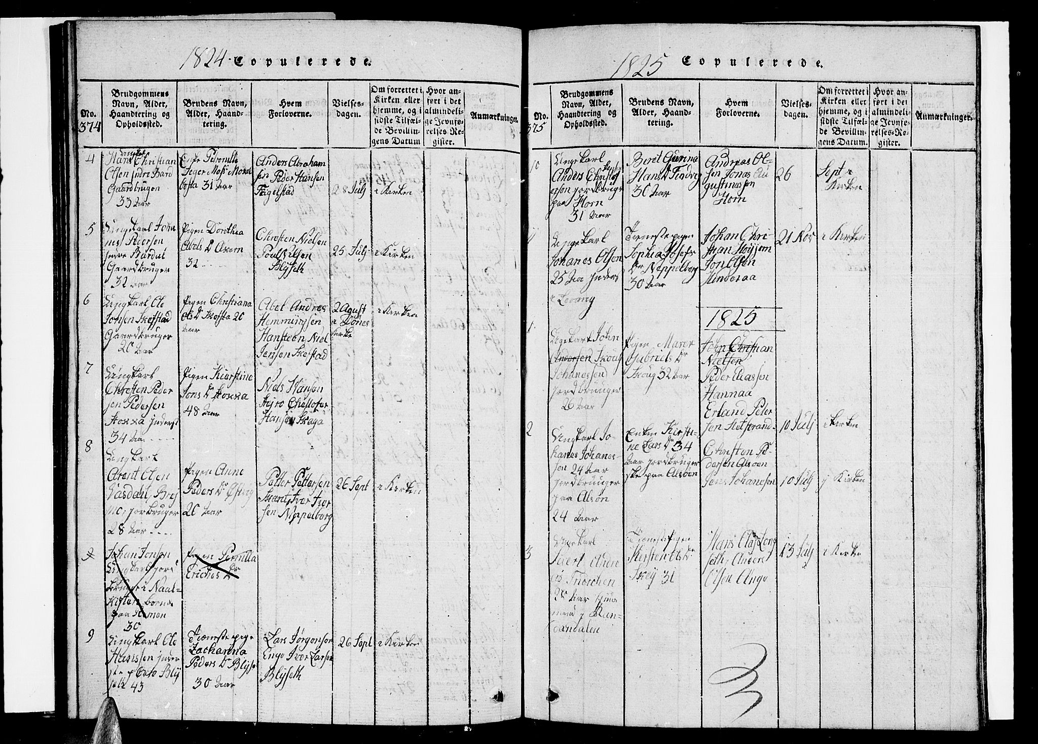 Ministerialprotokoller, klokkerbøker og fødselsregistre - Nordland, AV/SAT-A-1459/838/L0554: Klokkerbok nr. 838C01, 1820-1828, s. 374-375