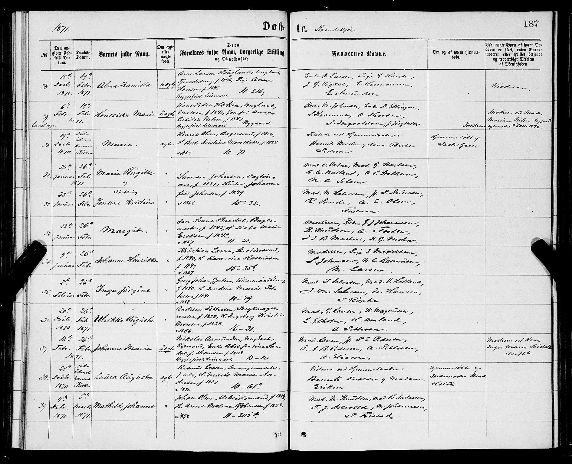 Domkirken sokneprestembete, AV/SAB-A-74801/H/Hab/L0013: Klokkerbok nr. B 6, 1869-1876, s. 187