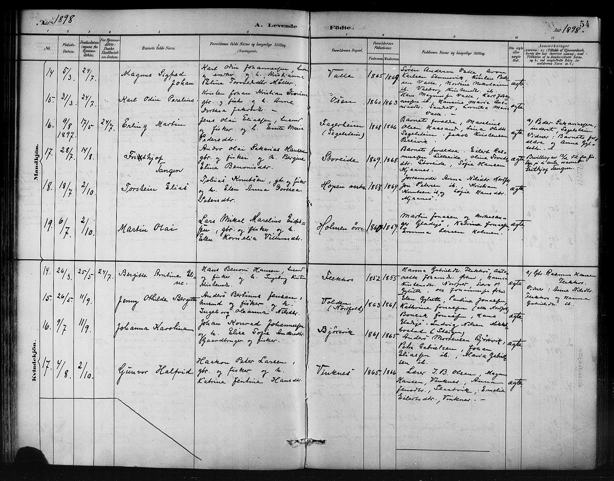 Ministerialprotokoller, klokkerbøker og fødselsregistre - Nordland, AV/SAT-A-1459/858/L0831: Ministerialbok nr. 858A01, 1884-1902, s. 54