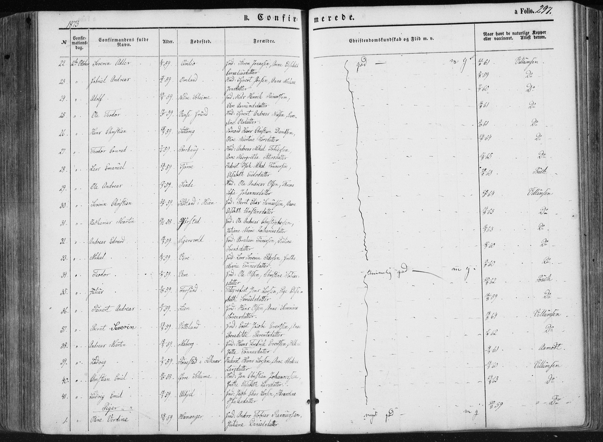 Lista sokneprestkontor, AV/SAK-1111-0027/F/Fa/L0011: Ministerialbok nr. A 11, 1861-1878, s. 297