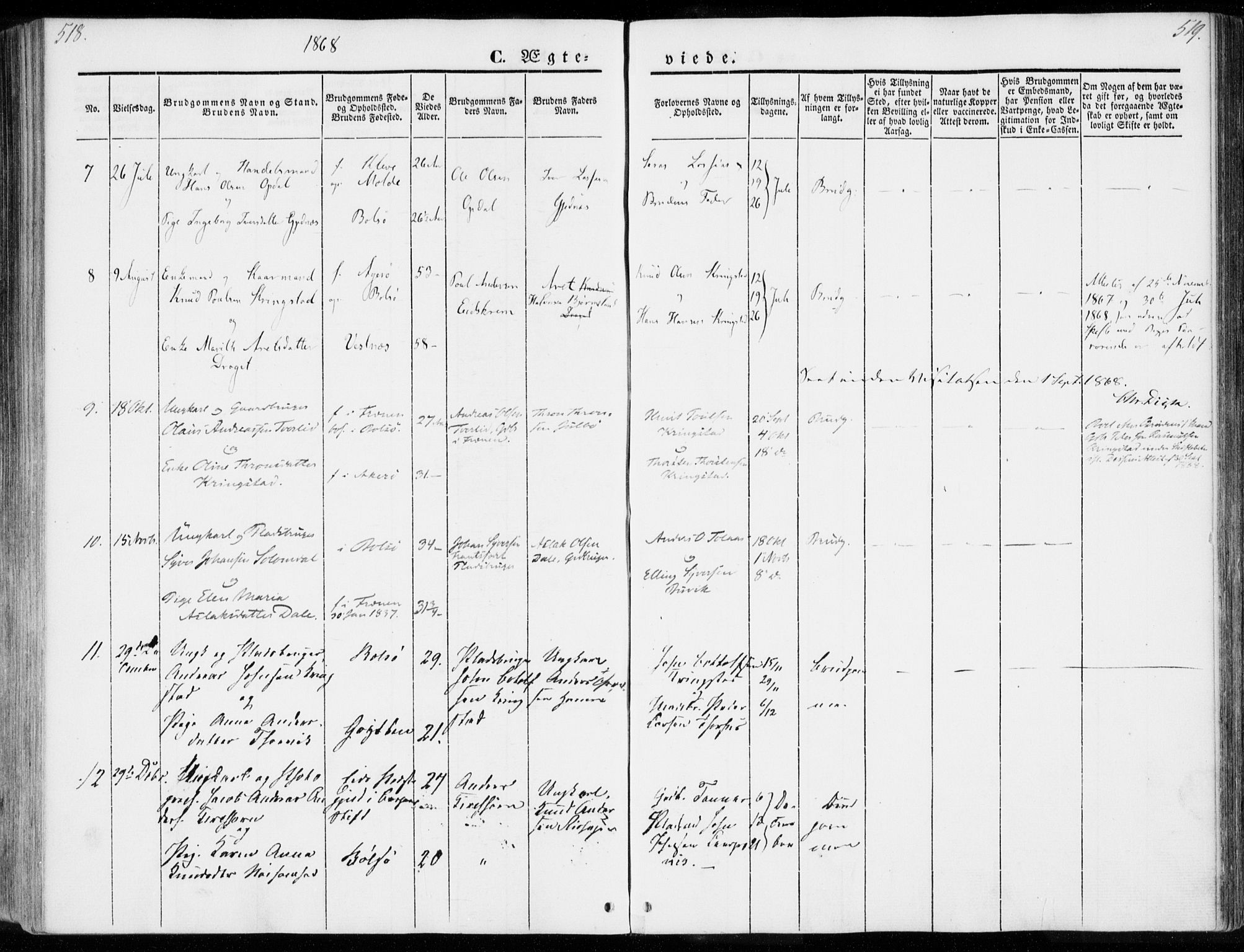 Ministerialprotokoller, klokkerbøker og fødselsregistre - Møre og Romsdal, SAT/A-1454/557/L0680: Ministerialbok nr. 557A02, 1843-1869, s. 518-519