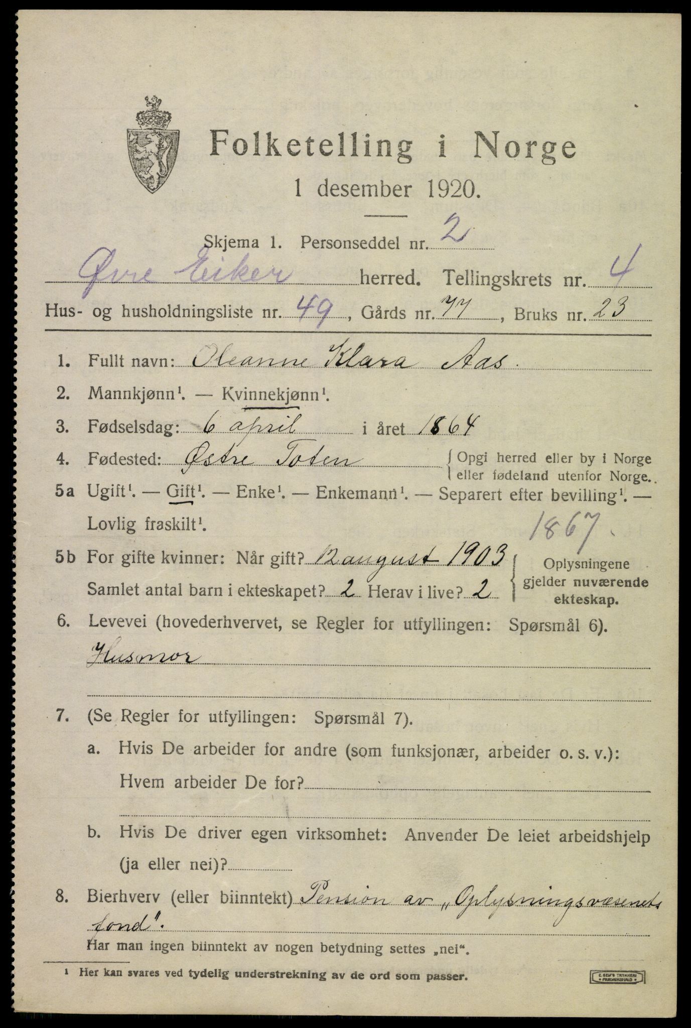 SAKO, Folketelling 1920 for 0624 Øvre Eiker herred, 1920, s. 10346