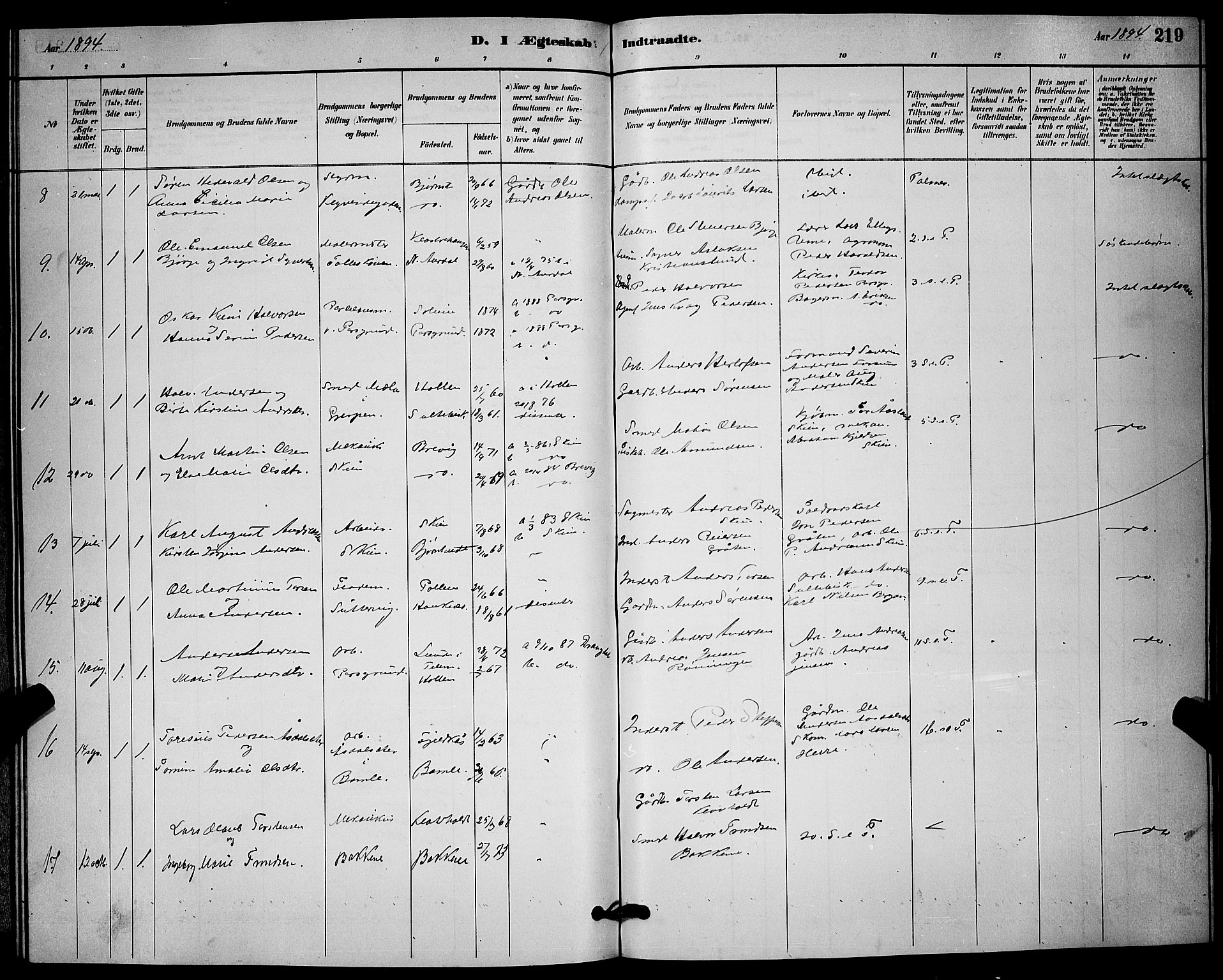 Solum kirkebøker, AV/SAKO-A-306/G/Ga/L0007: Klokkerbok nr. I 7, 1884-1898, s. 219