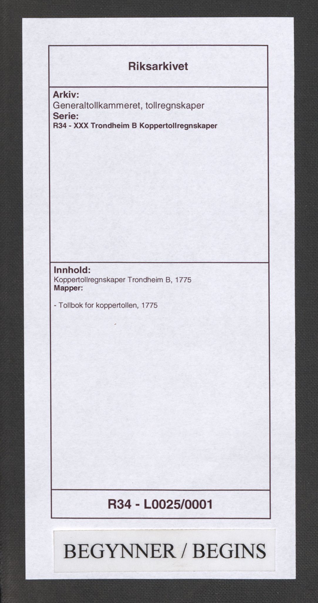 Generaltollkammeret, tollregnskaper, RA/EA-5490/R34/L0025/0001: Koppertollregnskaper Trondheim B / Tollbok for koppertollen, 1775