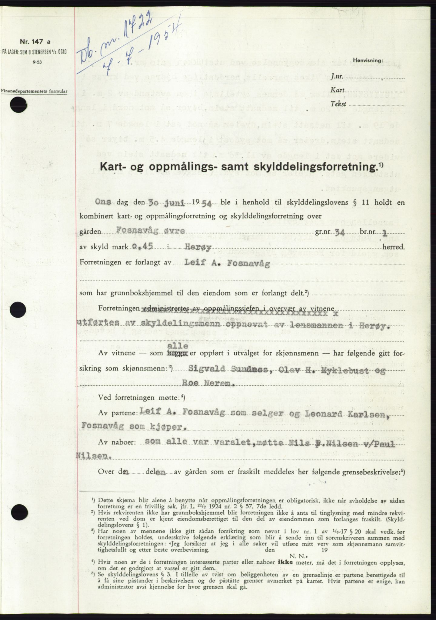Søre Sunnmøre sorenskriveri, SAT/A-4122/1/2/2C/L0098: Pantebok nr. 24A, 1954-1954, Dagboknr: 1722/1954