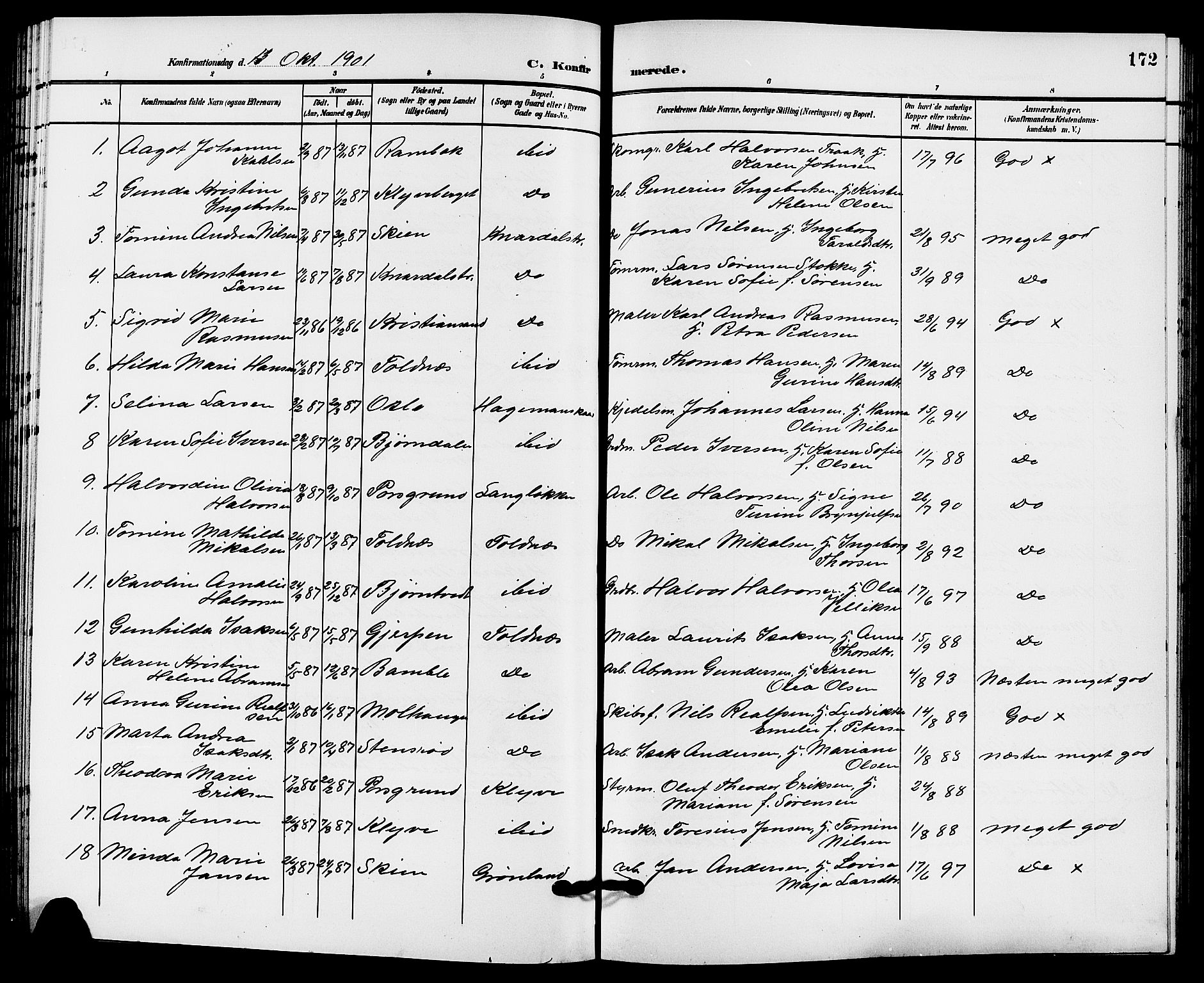 Solum kirkebøker, AV/SAKO-A-306/G/Ga/L0008: Klokkerbok nr. I 8, 1898-1909, s. 172