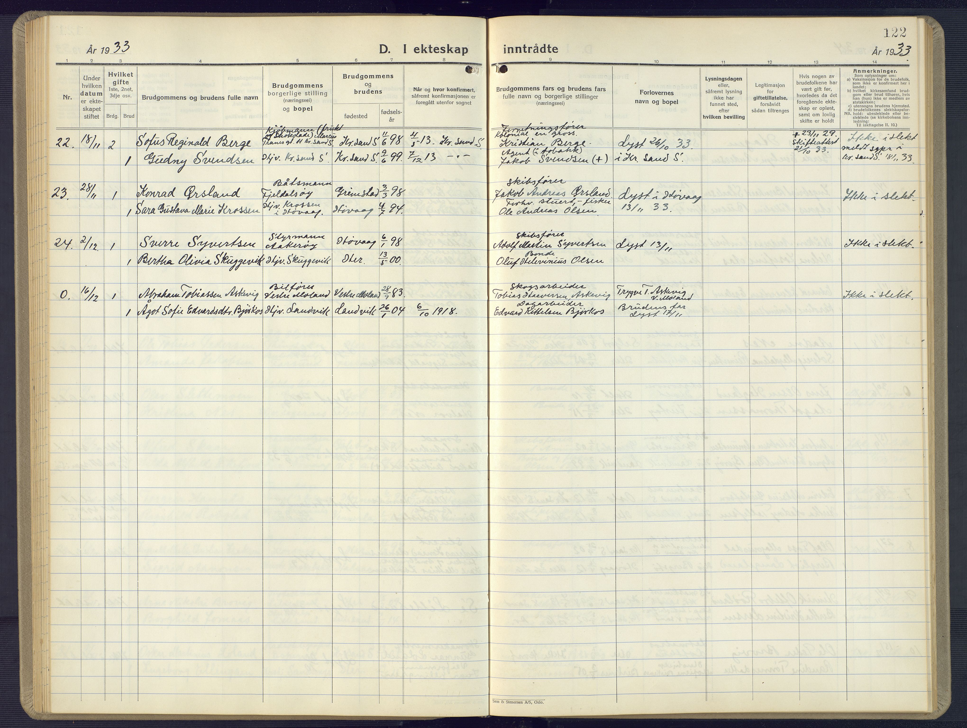 Vestre Moland sokneprestkontor, AV/SAK-1111-0046/F/Fb/Fbb/L0008: Klokkerbok nr. B 8, 1930-1966, s. 122