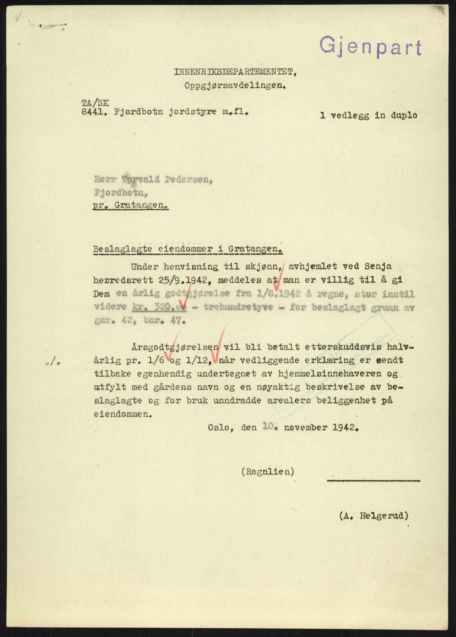 Forsvarsdepartementet, 10. kontor / Oppgjørskontoret, AV/RA-RAFA-1225/D/Dd/L0480: Troms, 1942-1953, s. 406