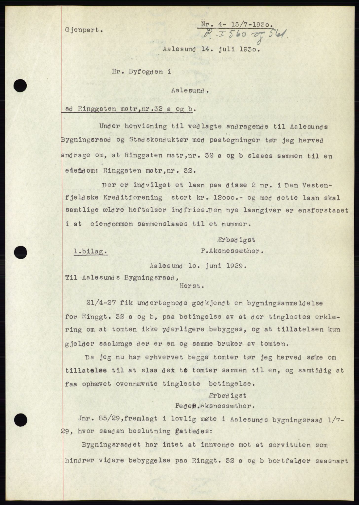 Ålesund byfogd, AV/SAT-A-4384: Pantebok nr. 26, 1930-1930, Tingl.dato: 15.07.1930