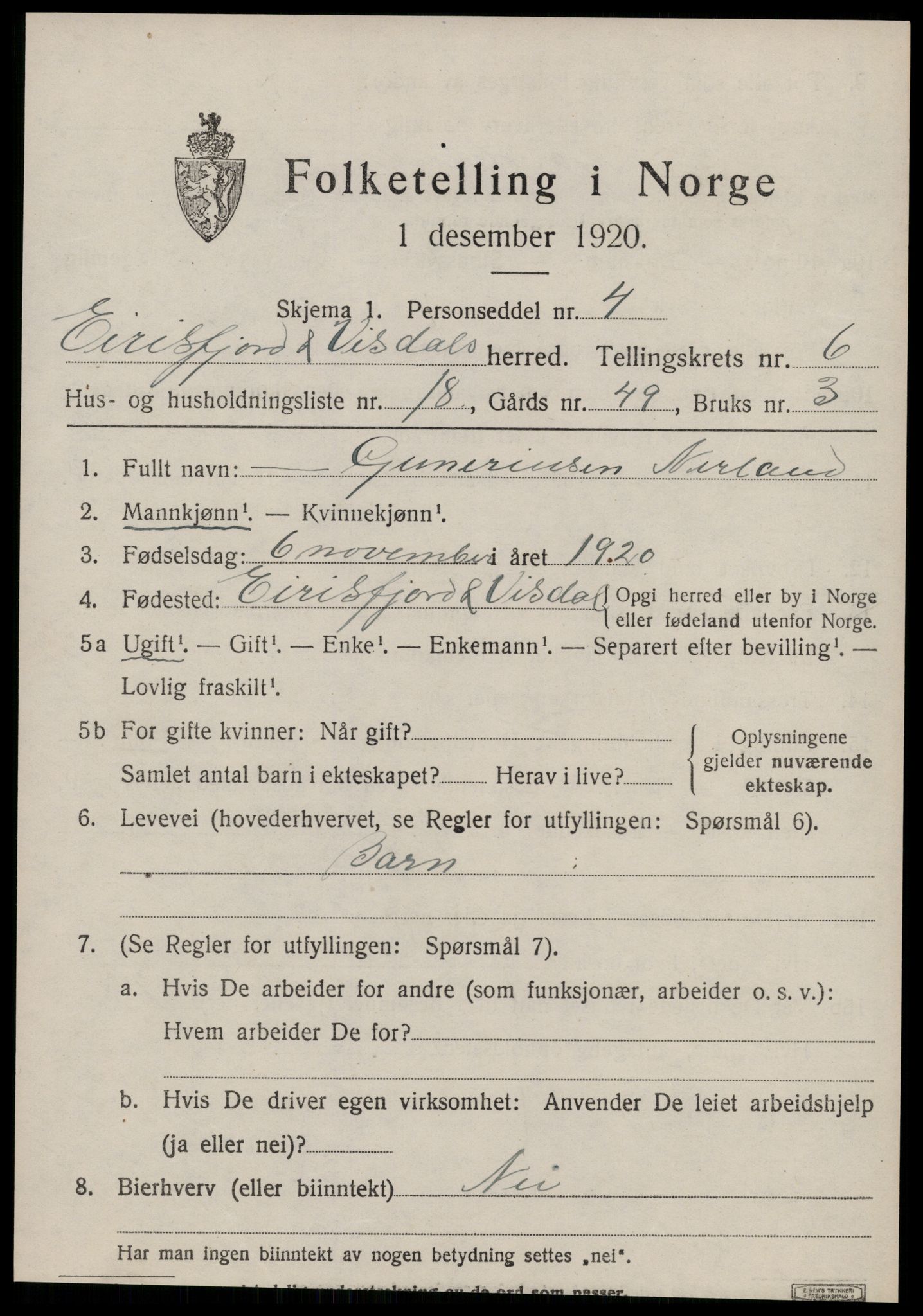 SAT, Folketelling 1920 for 1542 Eresfjord og Vistdal herred, 1920, s. 3607