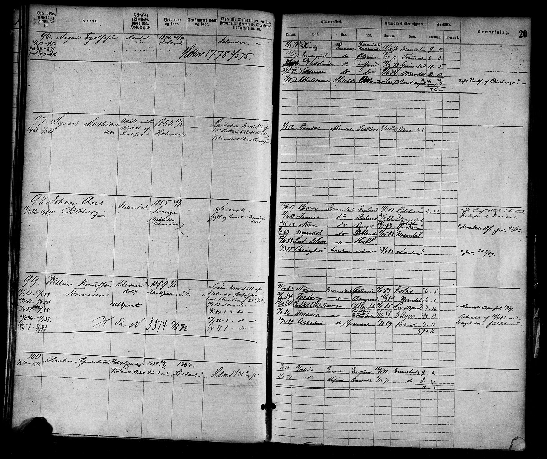 Mandal mønstringskrets, SAK/2031-0016/F/Fa/L0001: Annotasjonsrulle nr 1-1920 med register, L-3, 1869-1881, s. 47