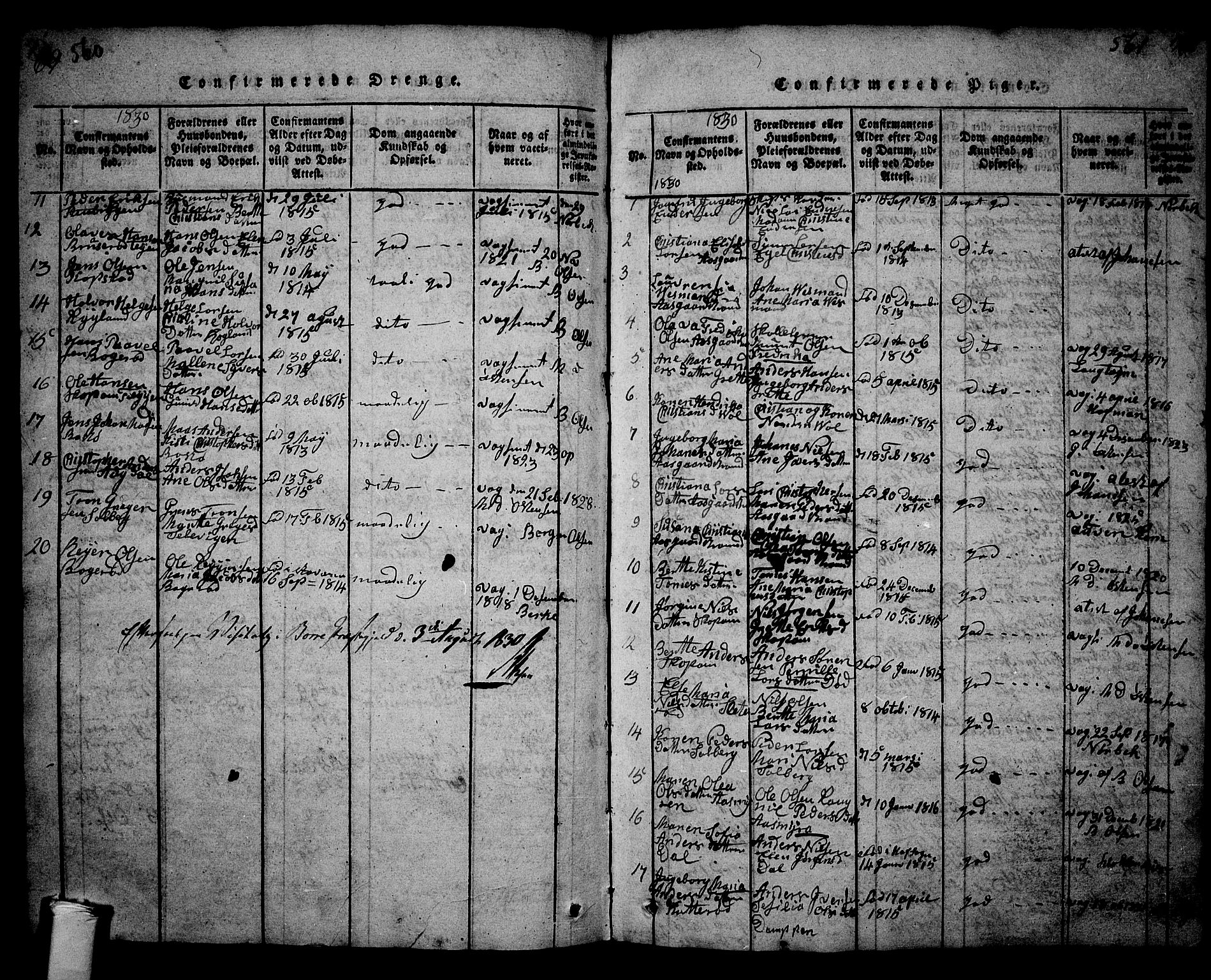 Borre kirkebøker, SAKO/A-338/G/Ga/L0001: Klokkerbok nr. I 1, 1815-1851, s. 560-561