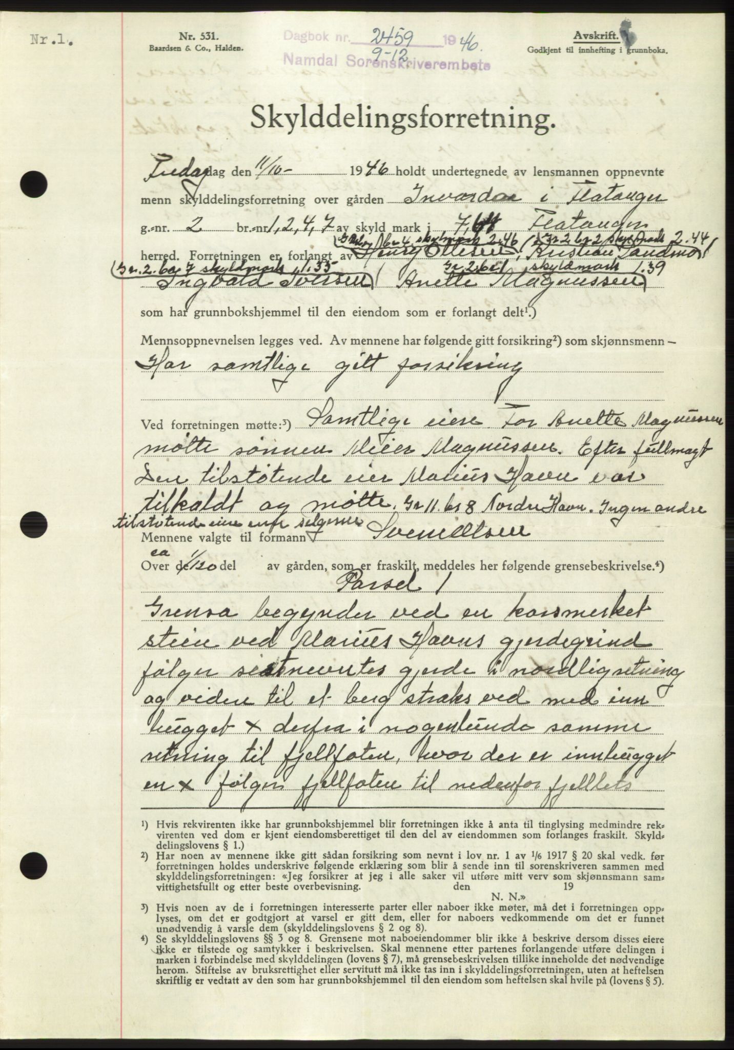 Namdal sorenskriveri, SAT/A-4133/1/2/2C: Pantebok nr. -, 1946-1947, Dagboknr: 2459/1946
