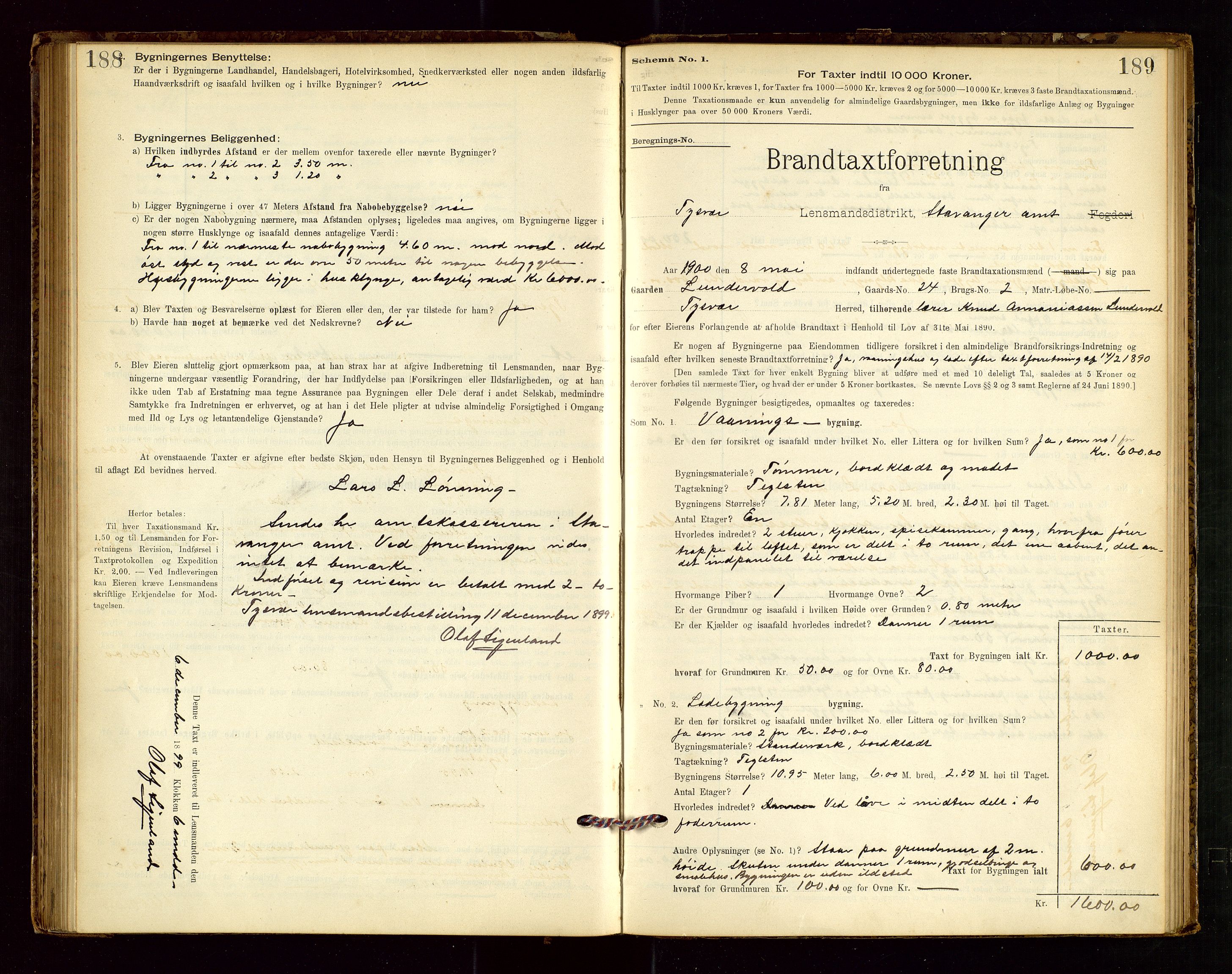 Tysvær lensmannskontor, AV/SAST-A-100192/Gob/L0001: "Brandtaxationsprotokol for Tysvær Lensmandsdistrikt Ryfylke Fogderi", 1894-1916, s. 188-189