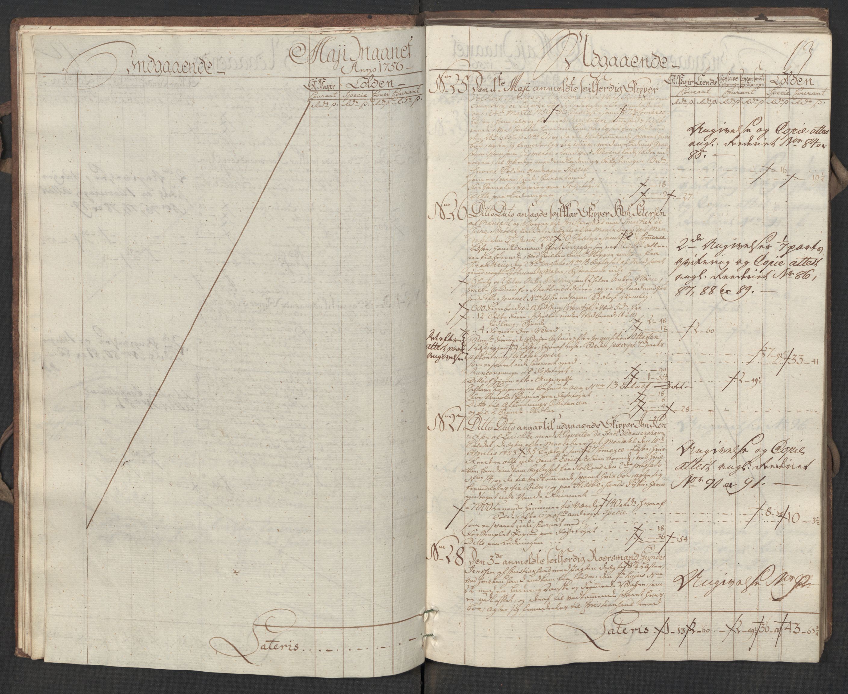 Generaltollkammeret, tollregnskaper, AV/RA-EA-5490/R17/L0017/0002: Tollregnskaper Mandal / Utgående hovedtollbok, 1756, s. 12b-13a