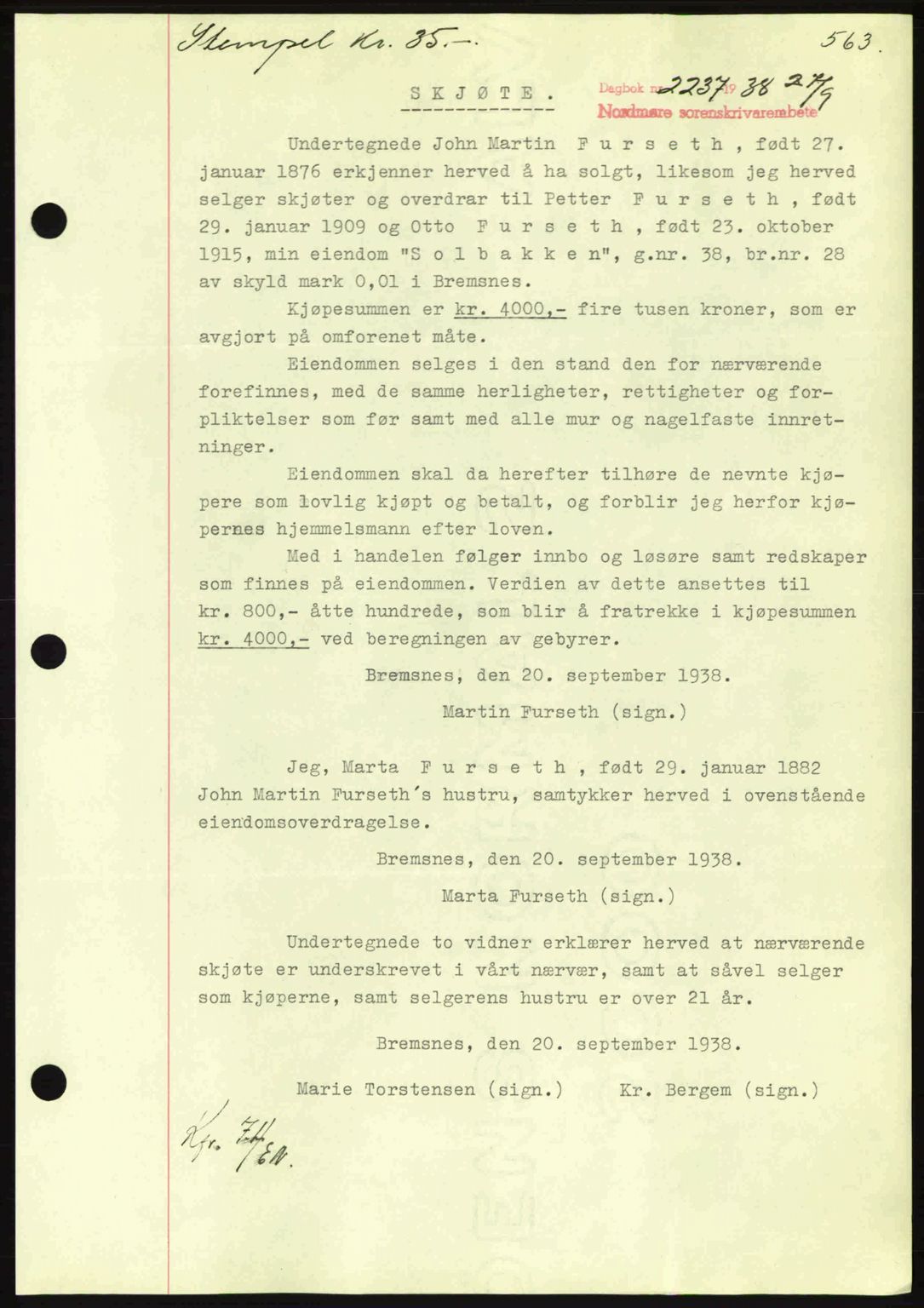 Nordmøre sorenskriveri, SAT/A-4132/1/2/2Ca: Pantebok nr. A84, 1938-1938, Dagboknr: 2237/1938