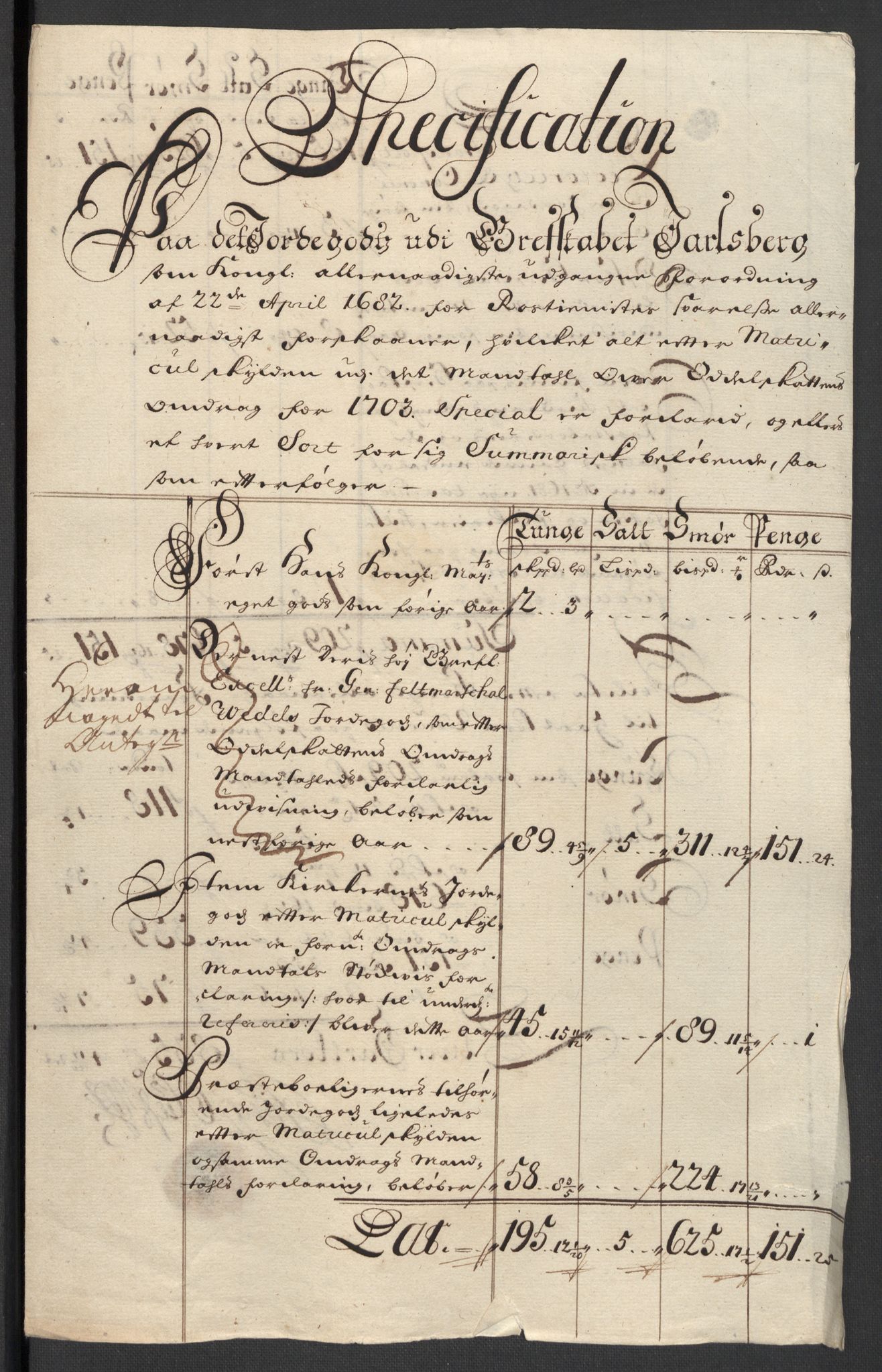 Rentekammeret inntil 1814, Reviderte regnskaper, Fogderegnskap, RA/EA-4092/R32/L1871: Fogderegnskap Jarlsberg grevskap, 1703-1705, s. 20