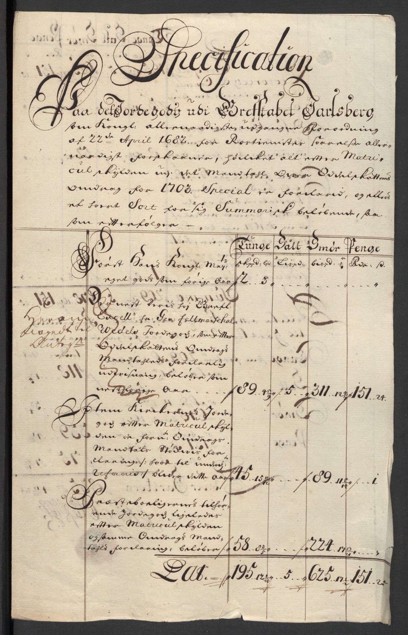 Rentekammeret inntil 1814, Reviderte regnskaper, Fogderegnskap, AV/RA-EA-4092/R32/L1871: Fogderegnskap Jarlsberg grevskap, 1703-1705, s. 20
