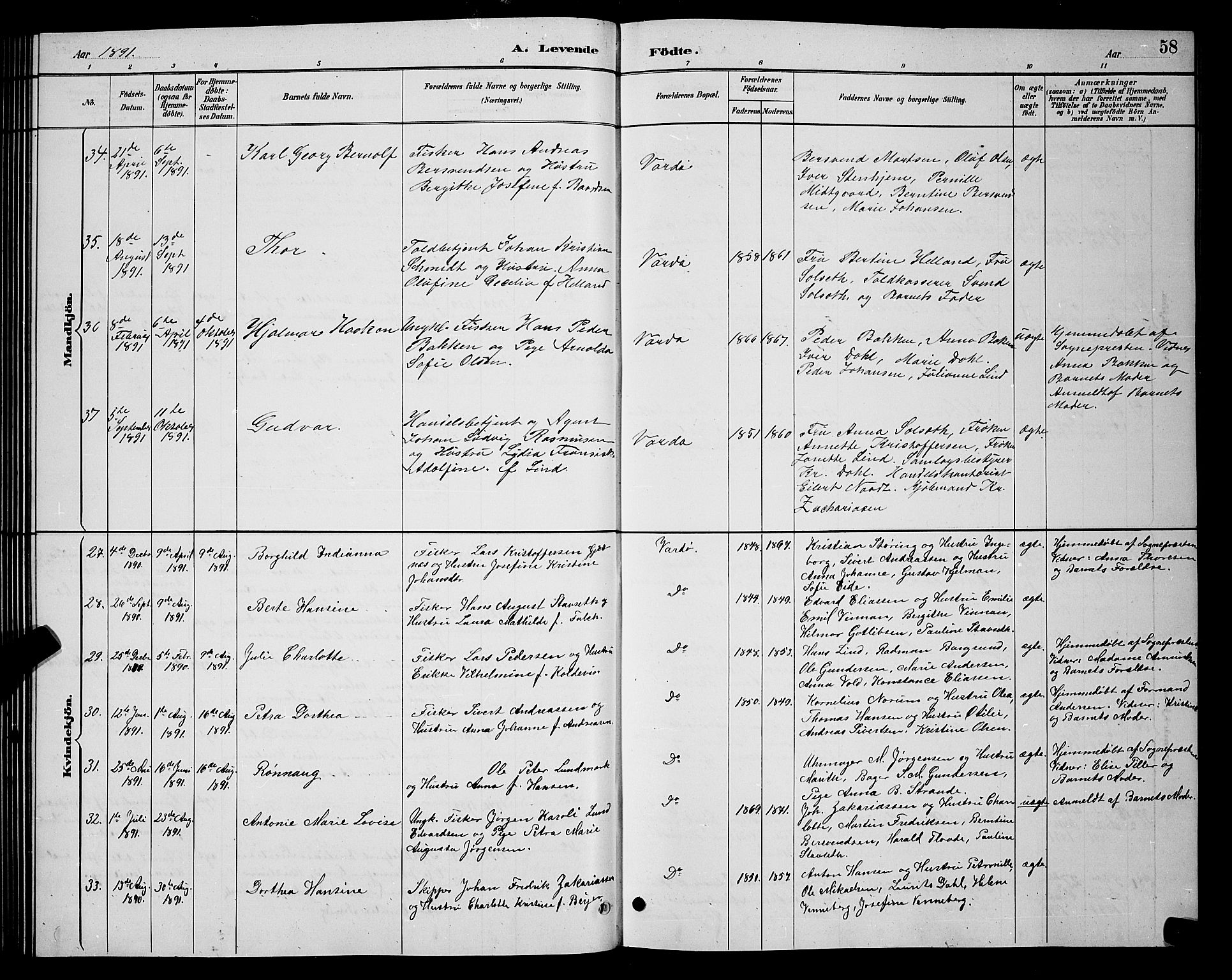Vardø sokneprestkontor, AV/SATØ-S-1332/H/Hb/L0005klokker: Klokkerbok nr. 5, 1887-1892, s. 58