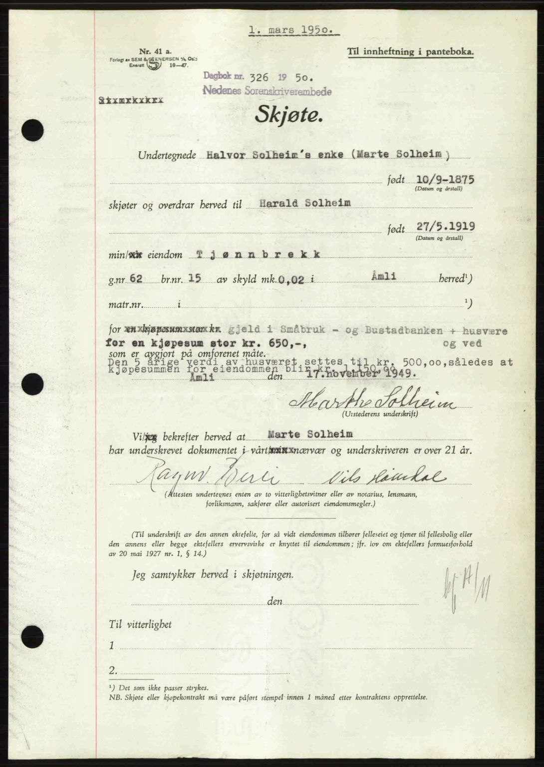 Nedenes sorenskriveri, AV/SAK-1221-0006/G/Gb/Gba/L0062: Pantebok nr. A14, 1949-1950, Dagboknr: 326/1950