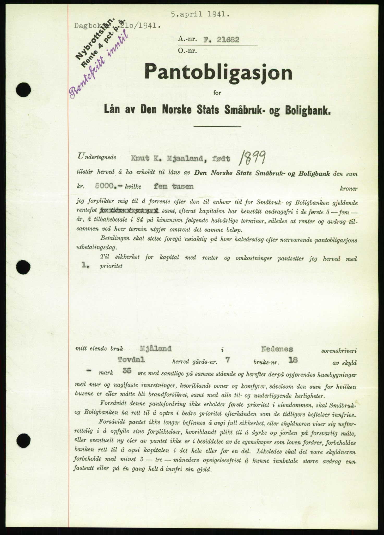 Nedenes sorenskriveri, SAK/1221-0006/G/Gb/Gbb/L0001: Pantebok nr. I, 1939-1942, Dagboknr: 210/1941