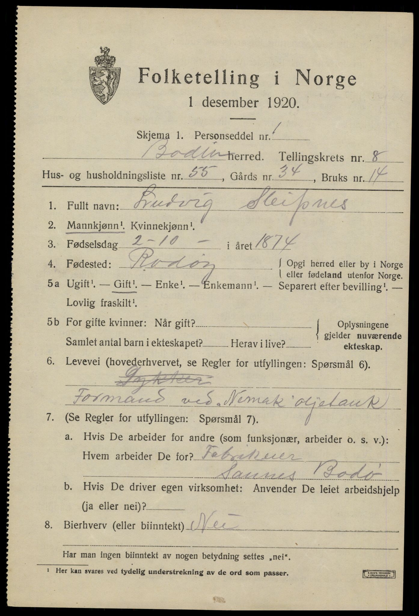SAT, Folketelling 1920 for 1843 Bodin herred, 1920, s. 6626