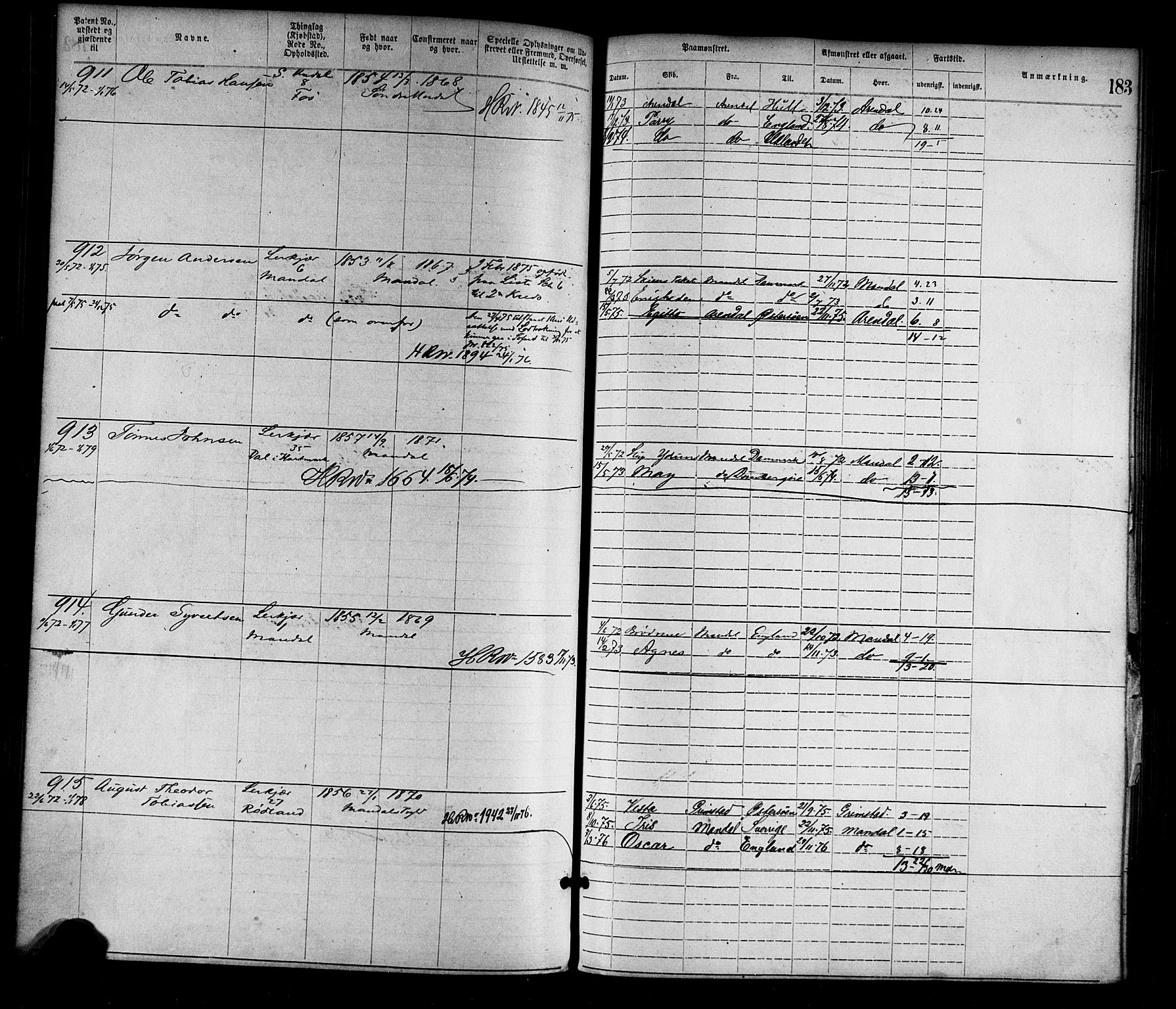 Mandal mønstringskrets, SAK/2031-0016/F/Fa/L0001: Annotasjonsrulle nr 1-1920 med register, L-3, 1869-1881, s. 216