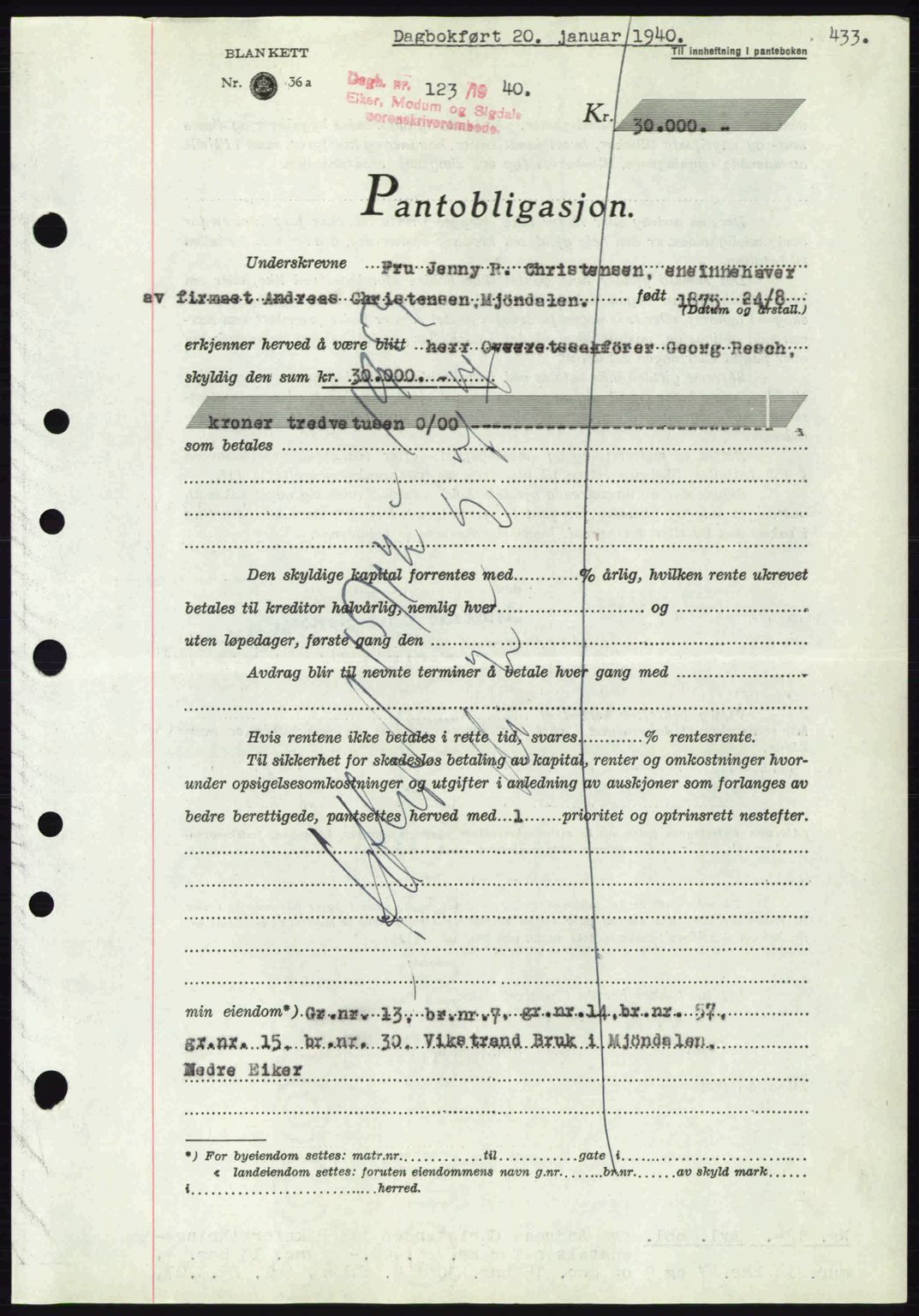 Eiker, Modum og Sigdal sorenskriveri, SAKO/A-123/G/Ga/Gab/L0041: Pantebok nr. A11, 1939-1940, Dagboknr: 123/1940