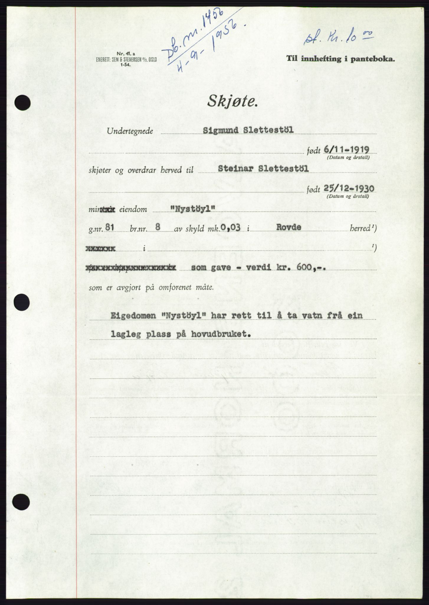Søre Sunnmøre sorenskriveri, AV/SAT-A-4122/1/2/2C/L0104: Pantebok nr. 30A, 1956-1956, Dagboknr: 1756/1956