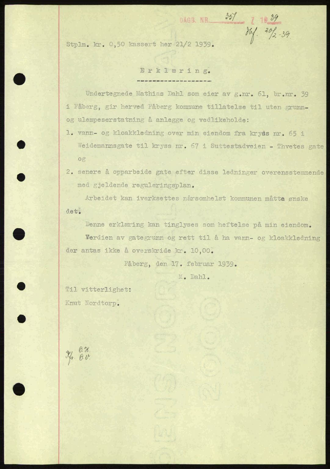 Sør-Gudbrandsdal tingrett, SAH/TING-004/H/Hb/Hbd/L0005: Pantebok nr. A5, 1938-1939, Dagboknr: 351/1939