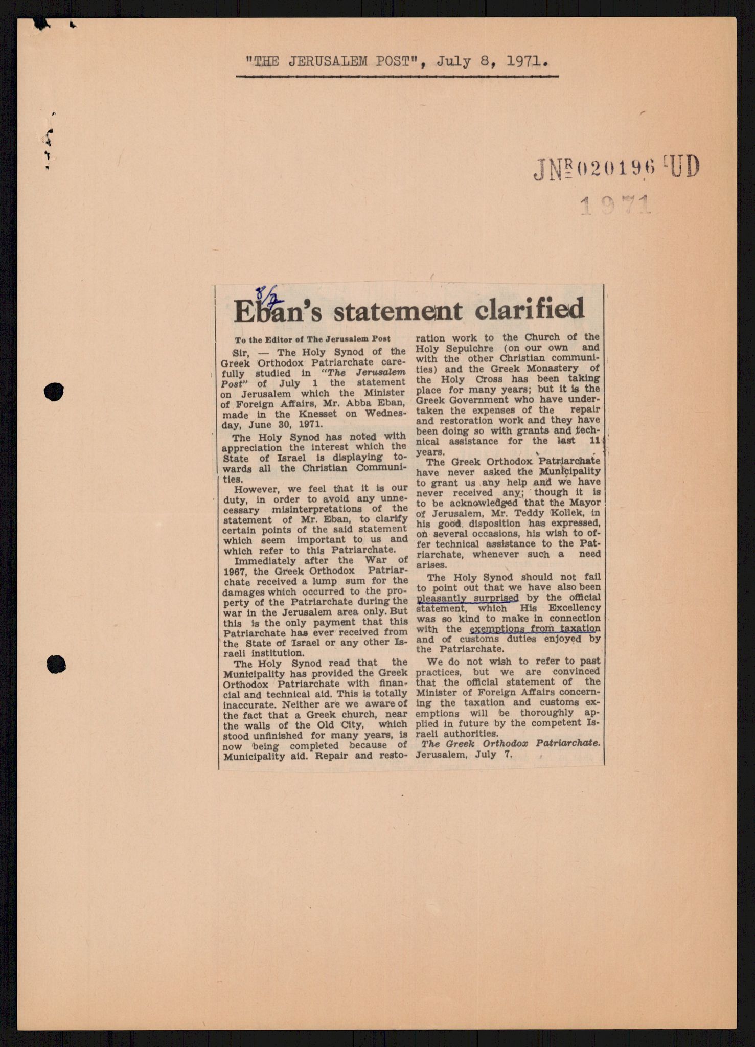 Utenriksdepartementet, hovedarkiv, AV/RA-S-6794/D/Db/Dba/L0776/0003: Verdenspolitikk. Fremmede staters politikk (G.L.) / Israel: Politikk (2 mapper), 1970-1972, s. 126