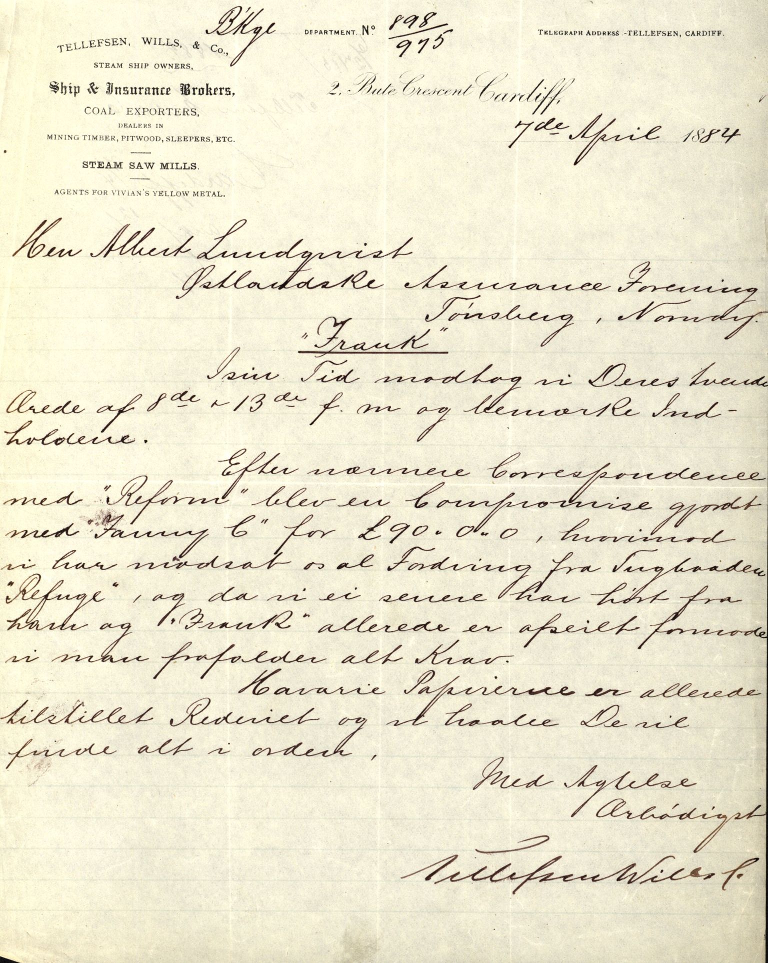 Pa 63 - Østlandske skibsassuranceforening, VEMU/A-1079/G/Ga/L0017/0002: Havaridokumenter / St. Lawrence, Frank, Souvenir, Sokrates, Augwald, 1884, s. 7