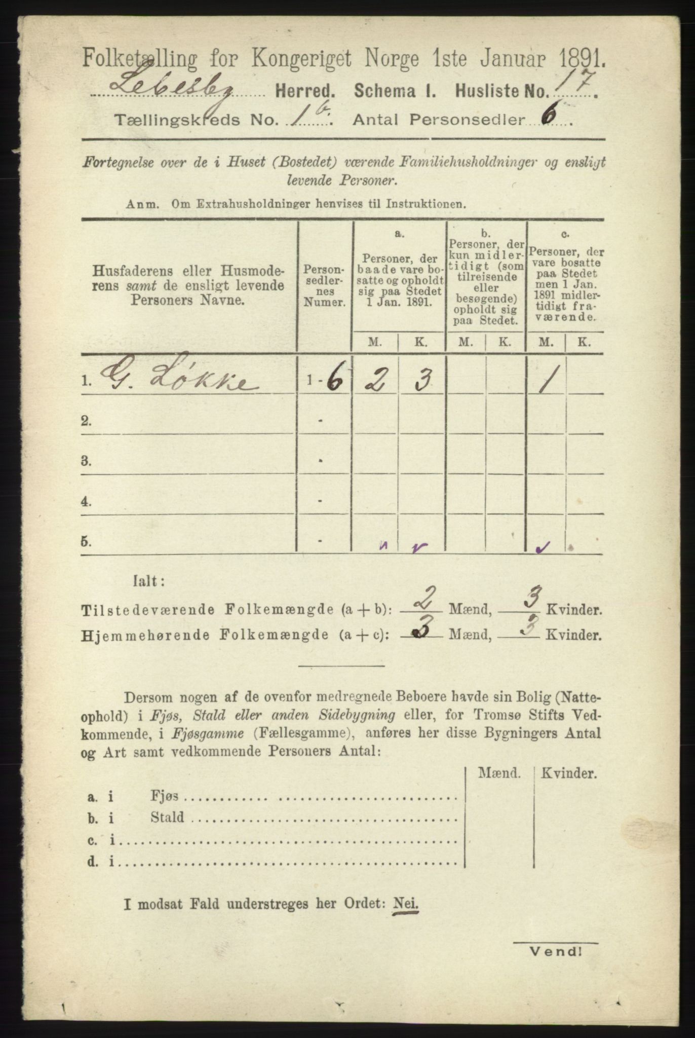 RA, Folketelling 1891 for 2022 Lebesby herred, 1891, s. 95