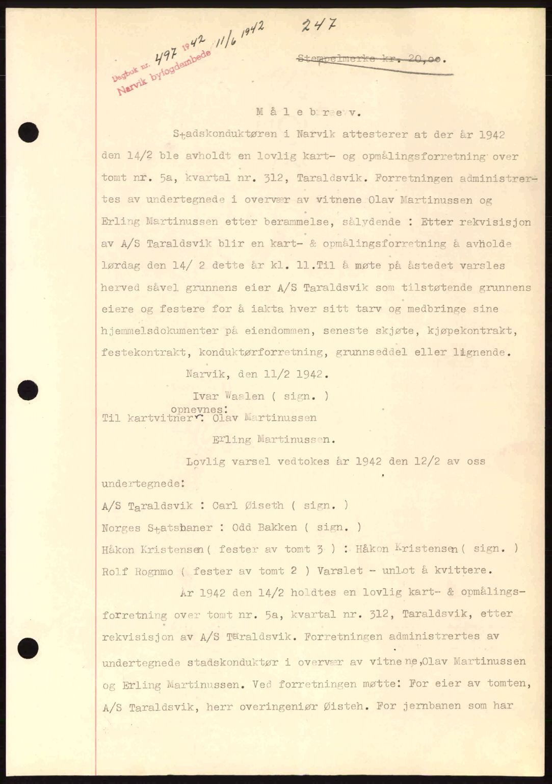 Narvik sorenskriveri, SAT/A-0002/1/2/2C/2Ca: Pantebok nr. A19, 1942-1943, Dagboknr: 497/1942
