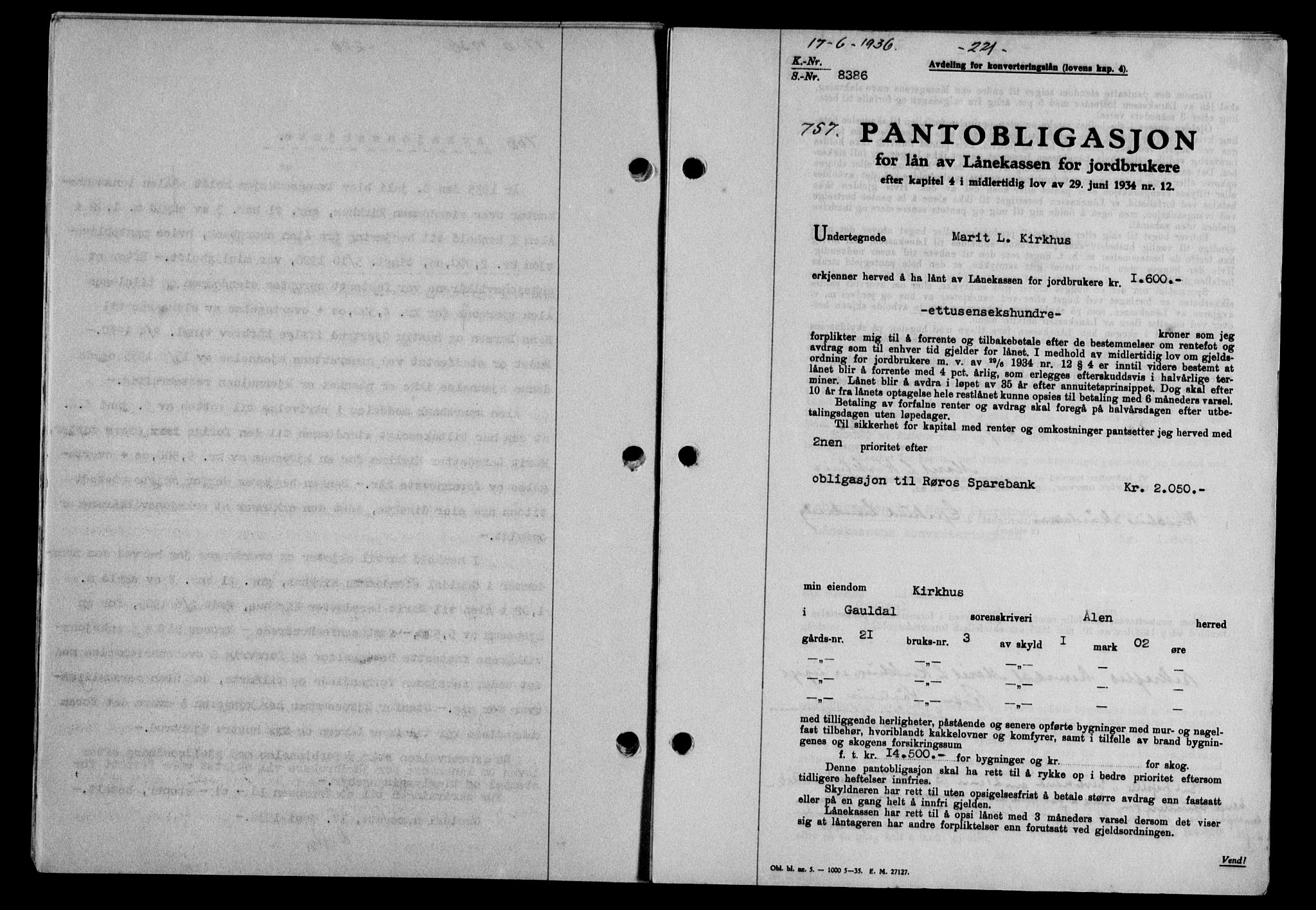 Gauldal sorenskriveri, SAT/A-0014/1/2/2C/L0046: Pantebok nr. 49-50, 1936-1937, Dagboknr: 757/1936