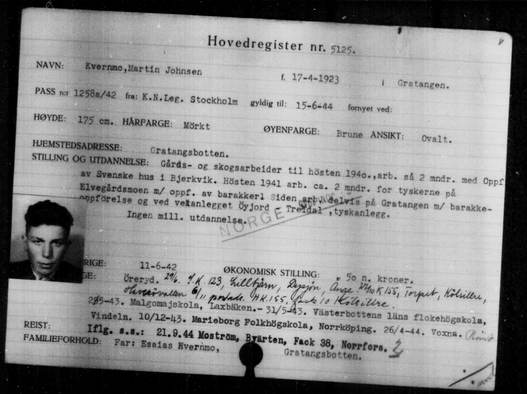 Utenriksstasjonene, Legasjonen i Stockholm, Flyktningkontoret, AV/RA-S-6753/V/Va/L0004: Kjesäterkartoteket, flyktninger med registreringsnr. 3496-6610, 1940-1945, s. 1919