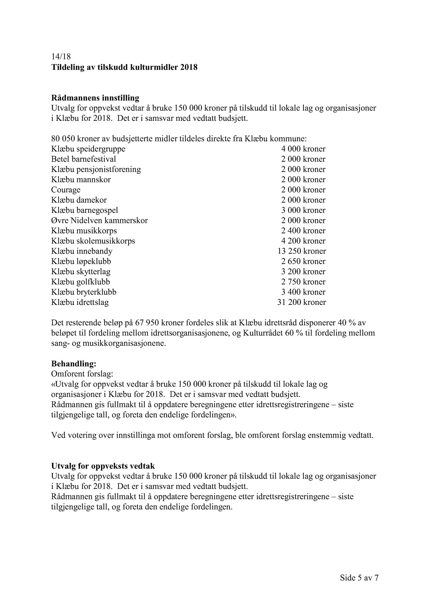 Klæbu Kommune, TRKO/KK/04-UO/L009: Utvalg for oppvekst - Møtedokumenter, 2018