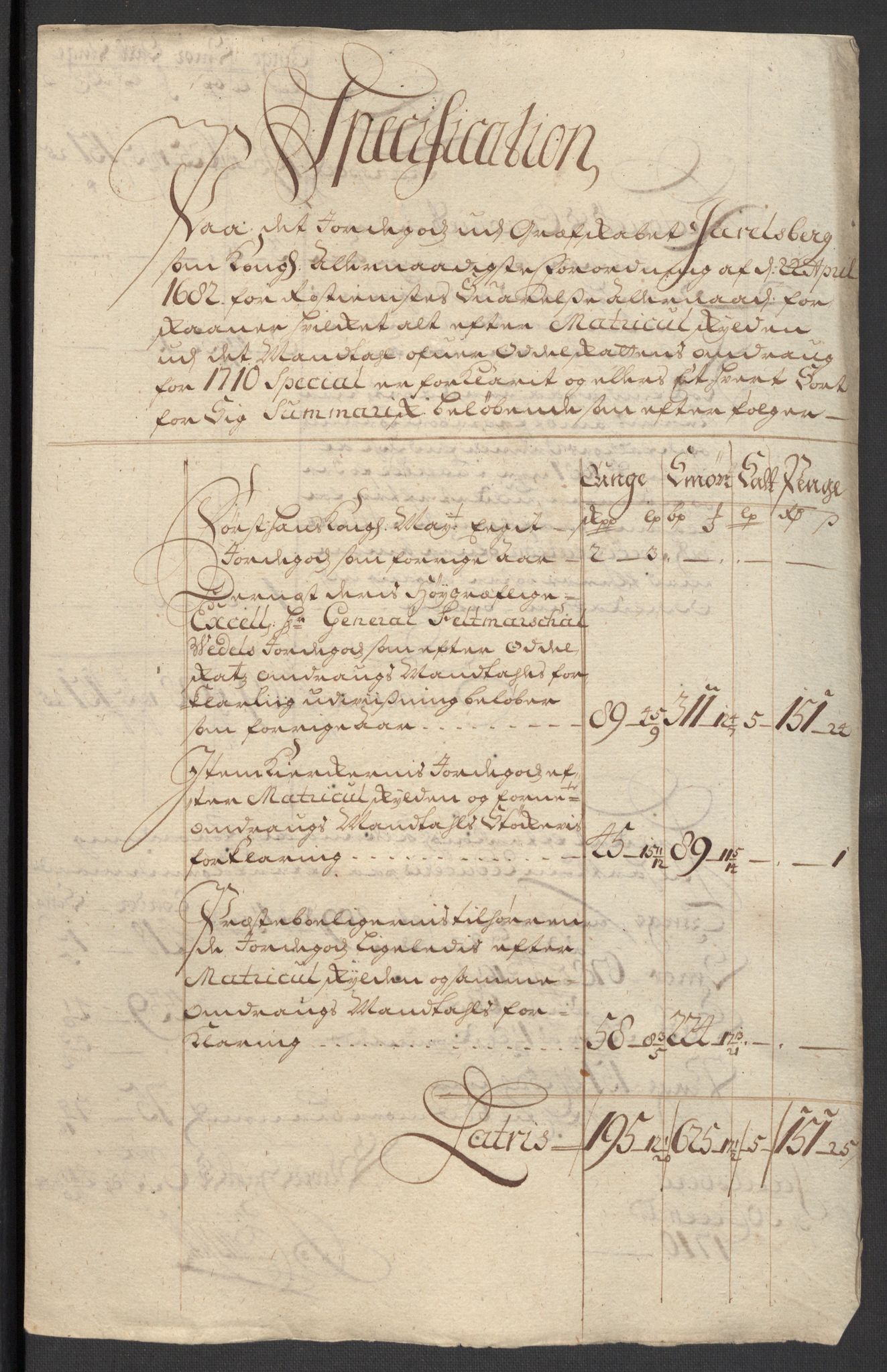 Rentekammeret inntil 1814, Reviderte regnskaper, Fogderegnskap, RA/EA-4092/R32/L1875: Fogderegnskap Jarlsberg grevskap, 1710, s. 156